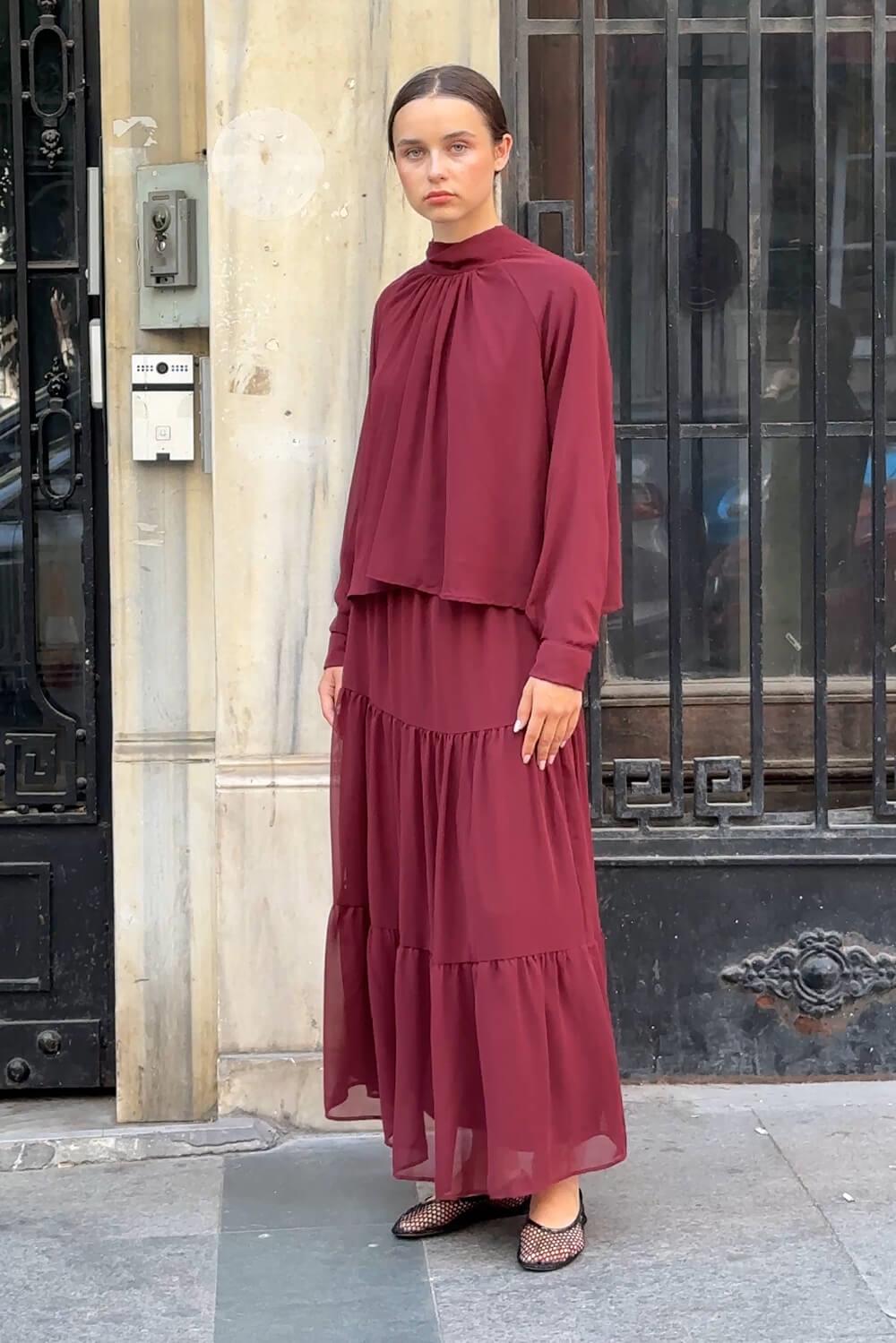 Bordo Şifon Etek Takım