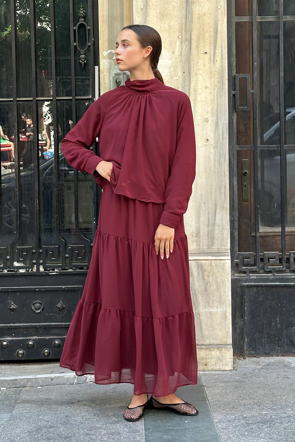 Bordo Şifon Etek Takım