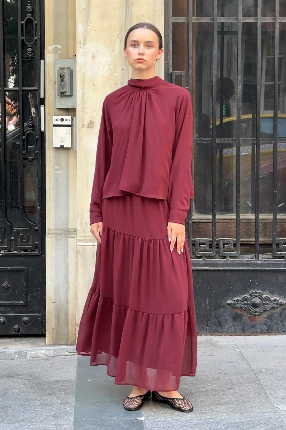 Bordo Şifon Etek Takım