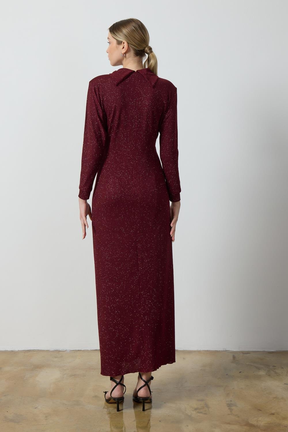 Bordo Simli Drape Elbise