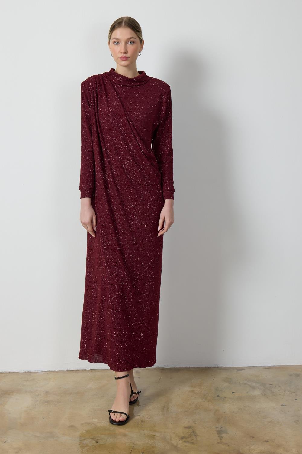 Bordo Simli Drape Elbise
