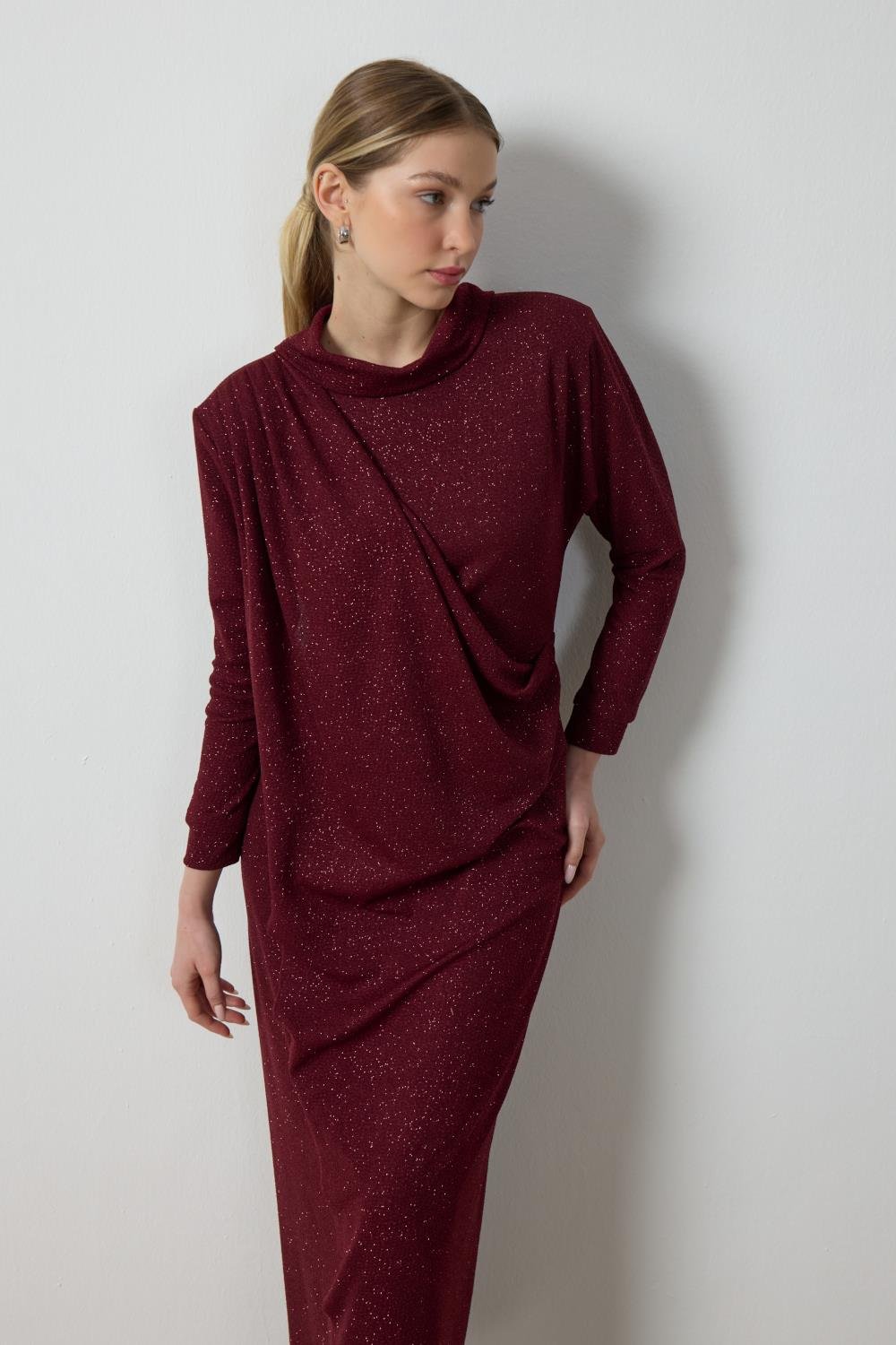 Bordo Simli Drape Elbise