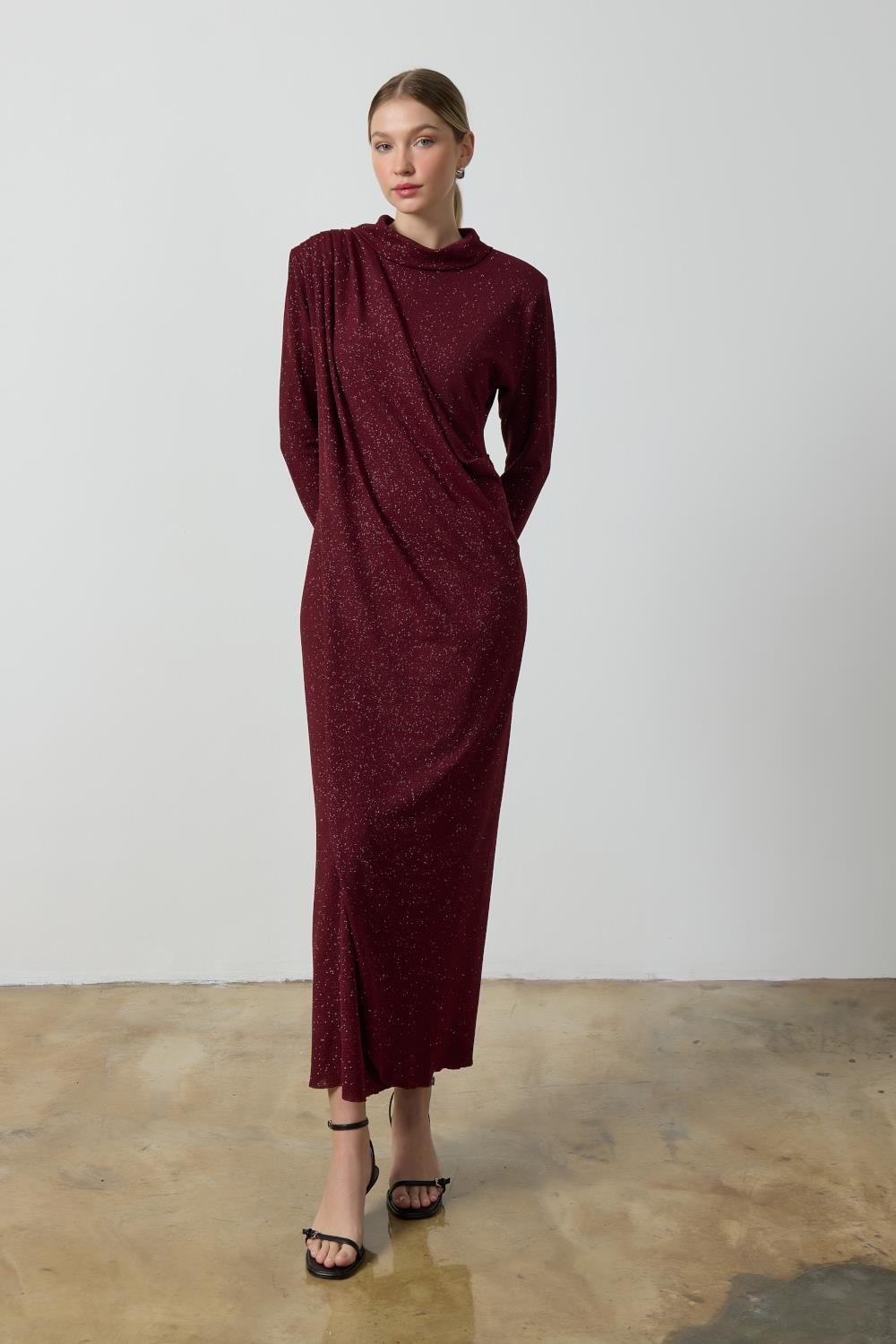 Bordo Simli Drape Elbise