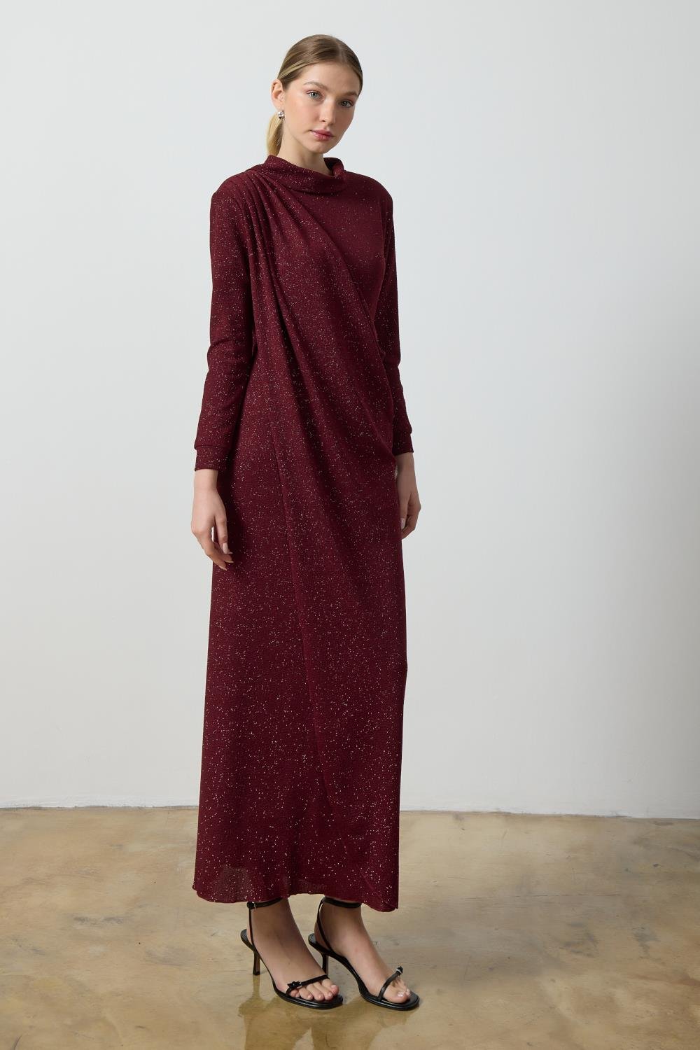 Bordo Simli Drape Elbise