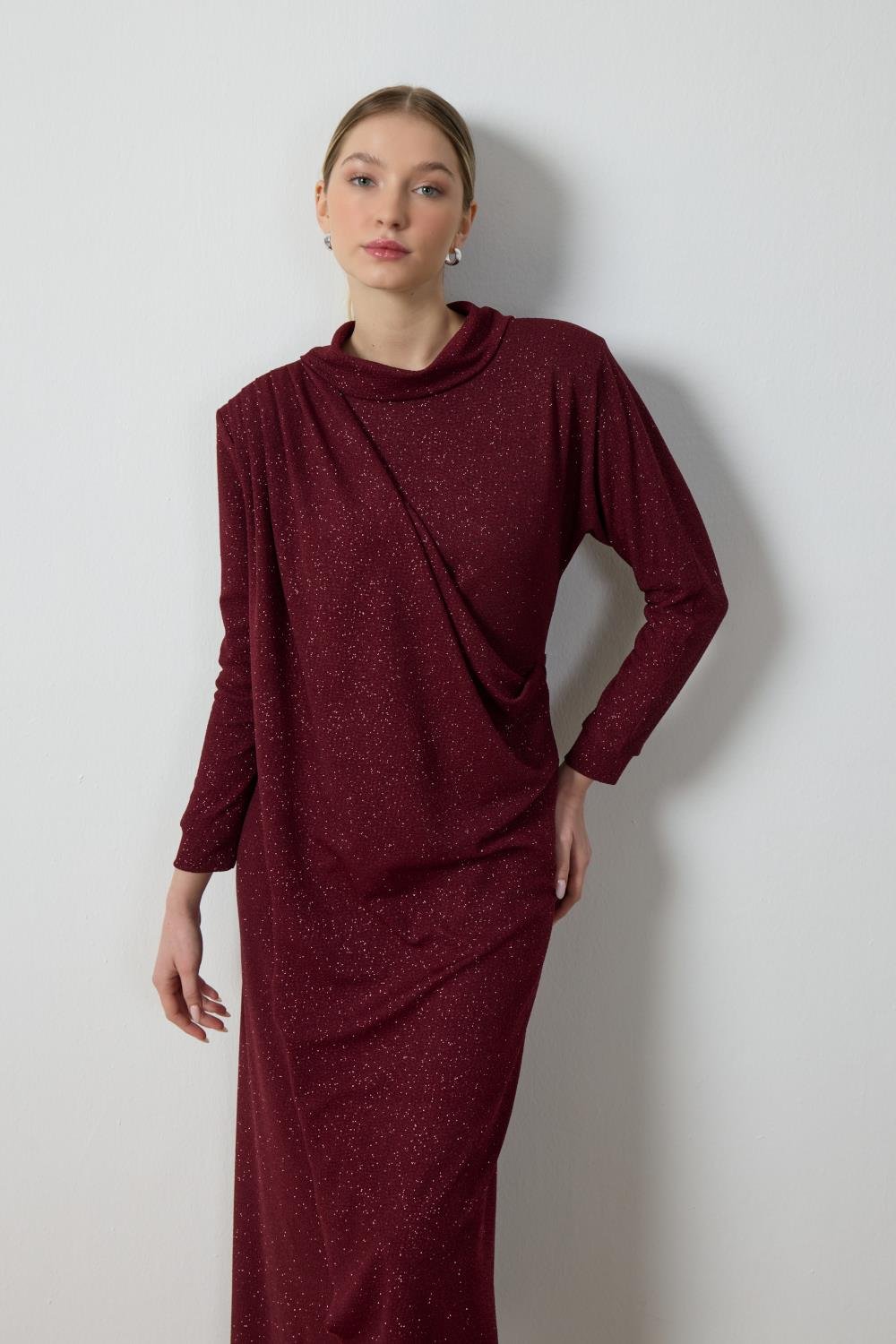 Bordo Simli Drape Elbise
