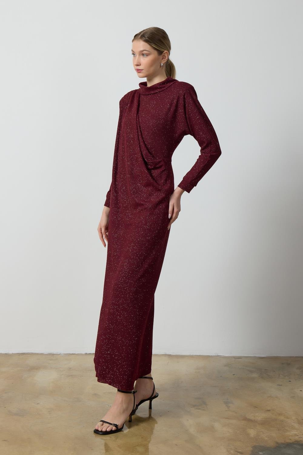 Bordo Simli Drape Elbise