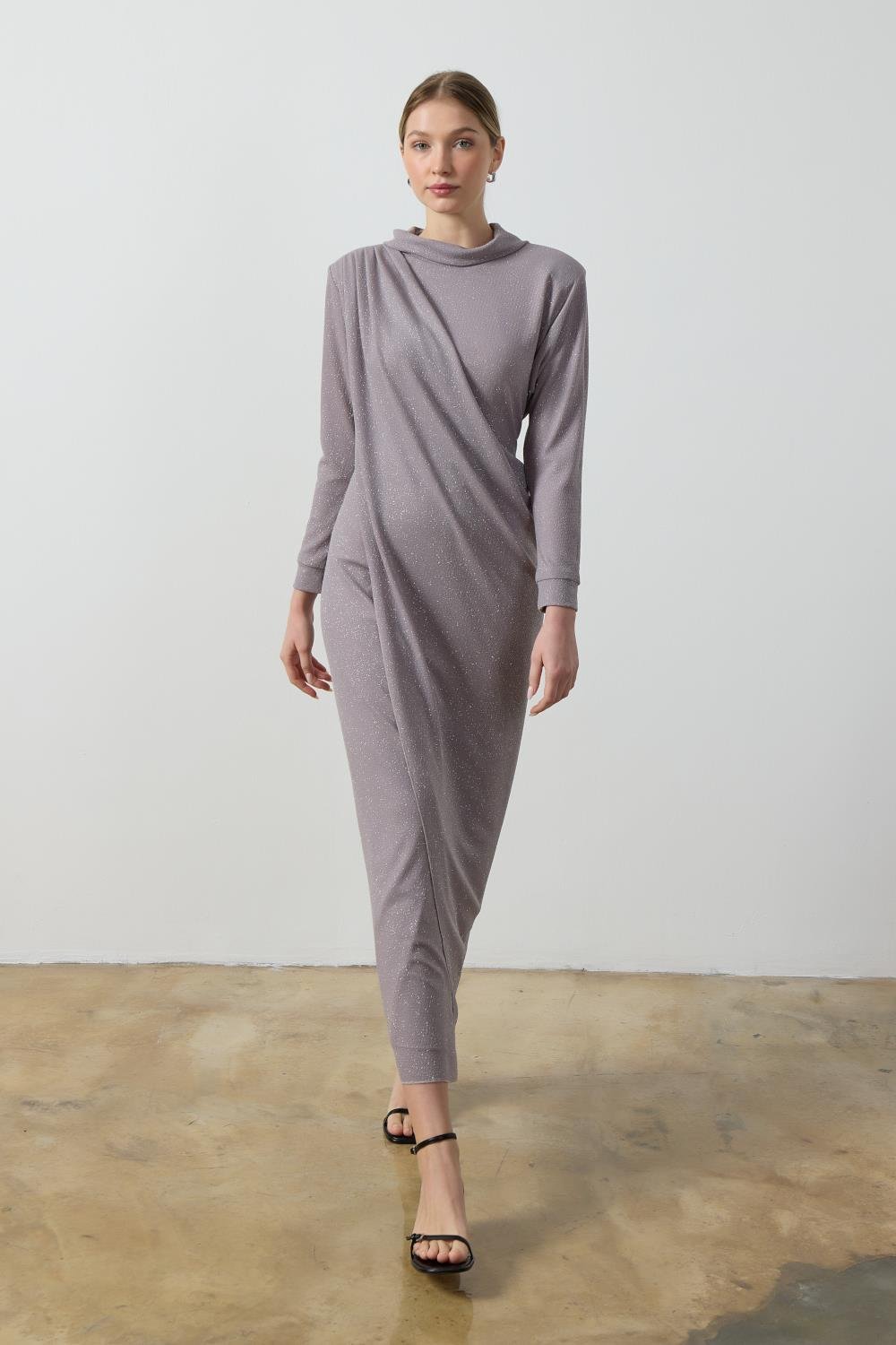 Gri Simli Drape Elbise