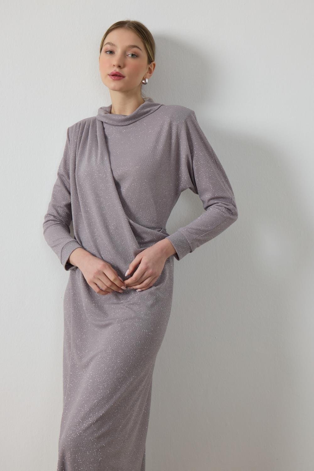 Gri Simli Drape Elbise