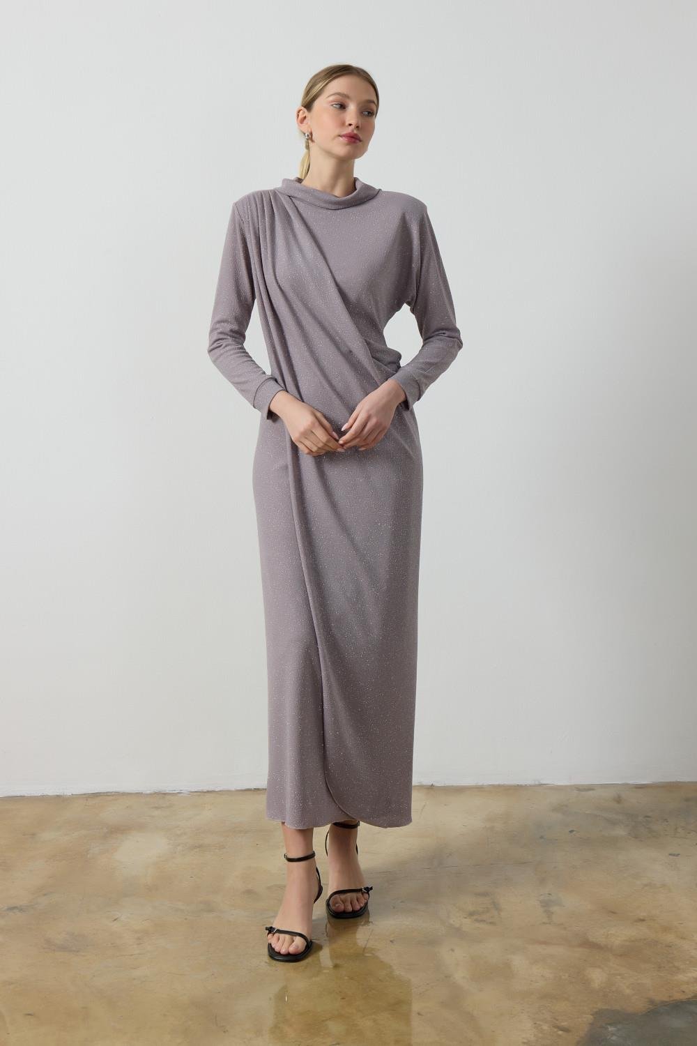 Gri Simli Drape Elbise