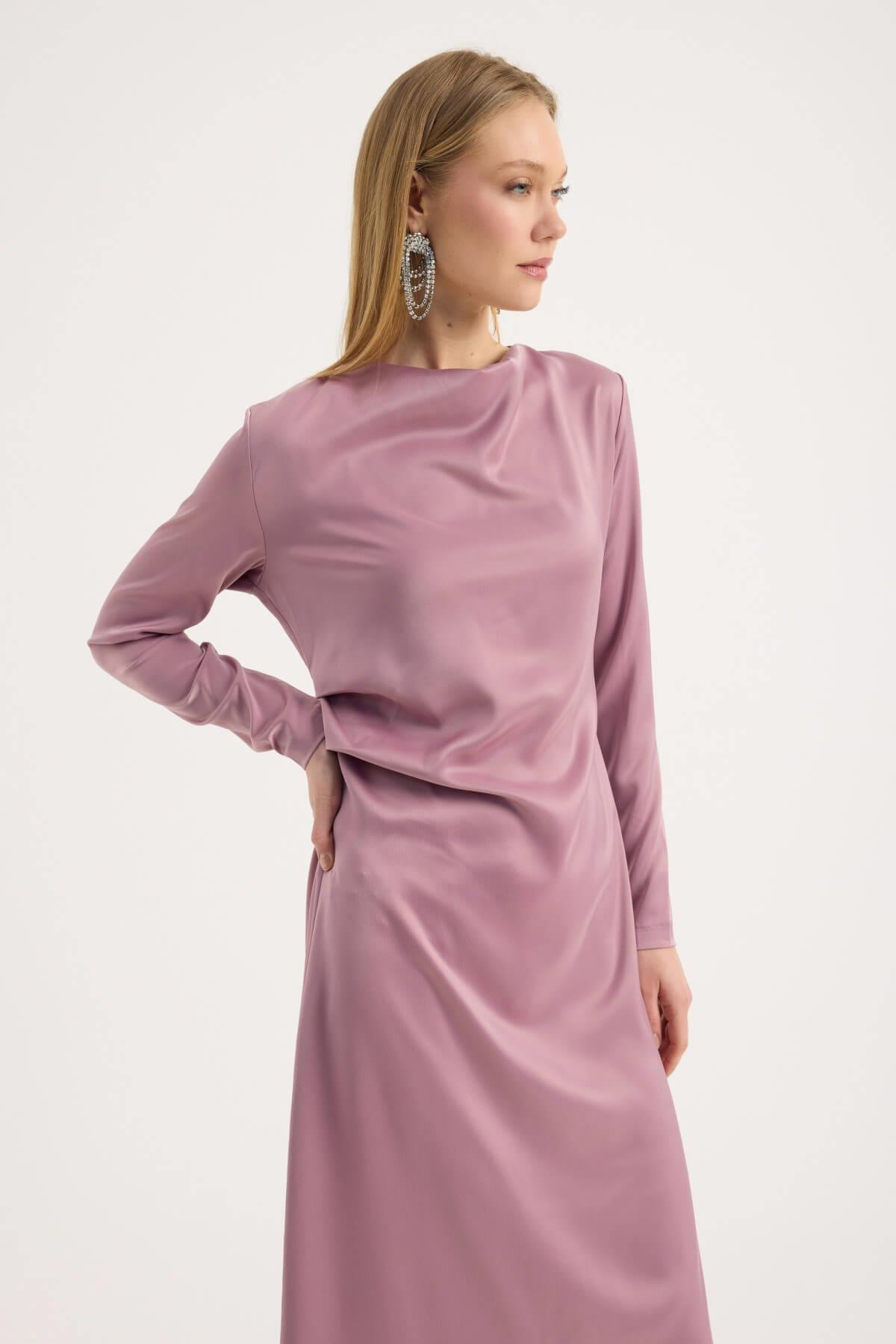 Gül Kurusu Saten Drape Elbise