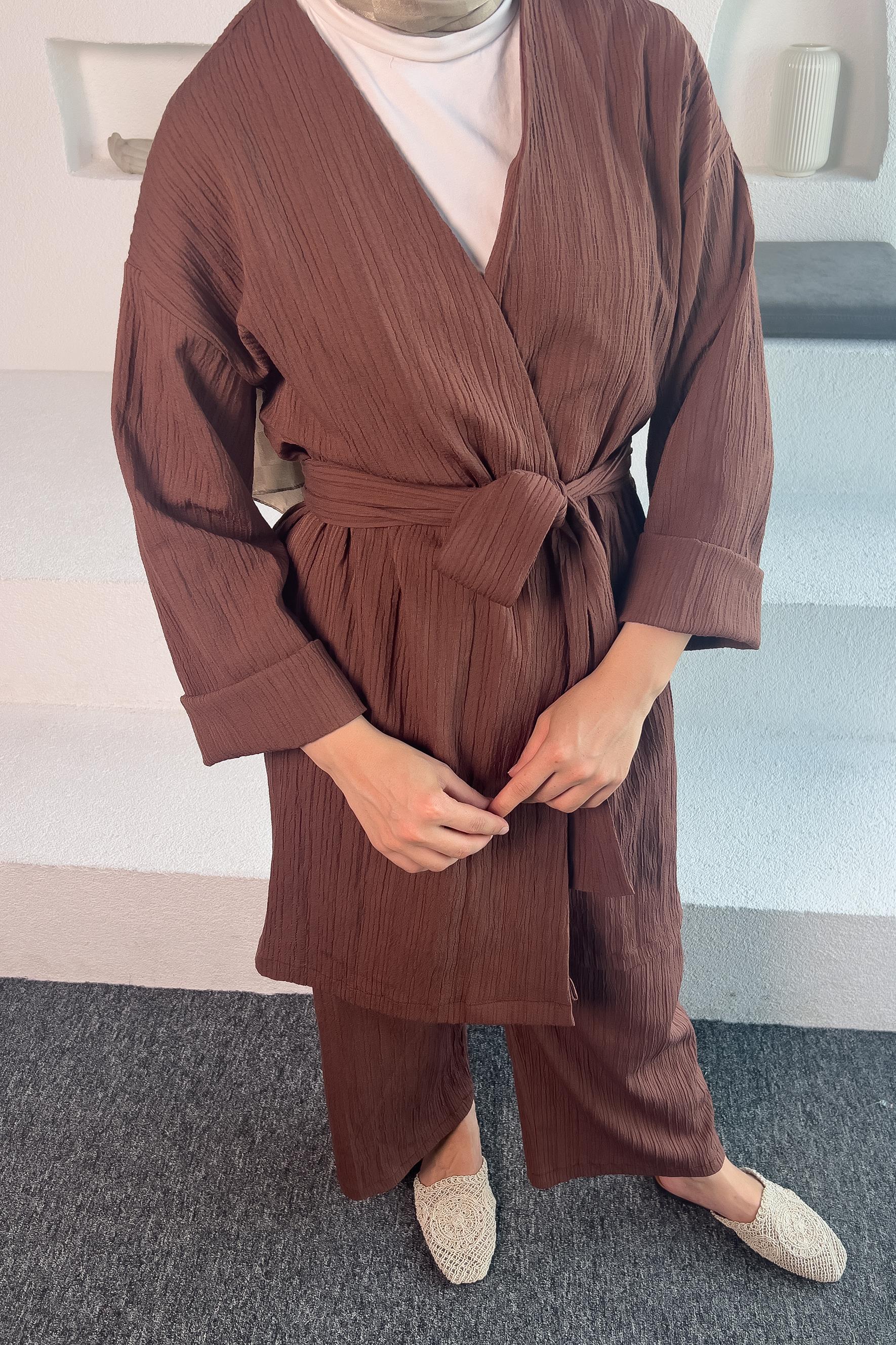 Kahverengi Kimono Müslin Ceket