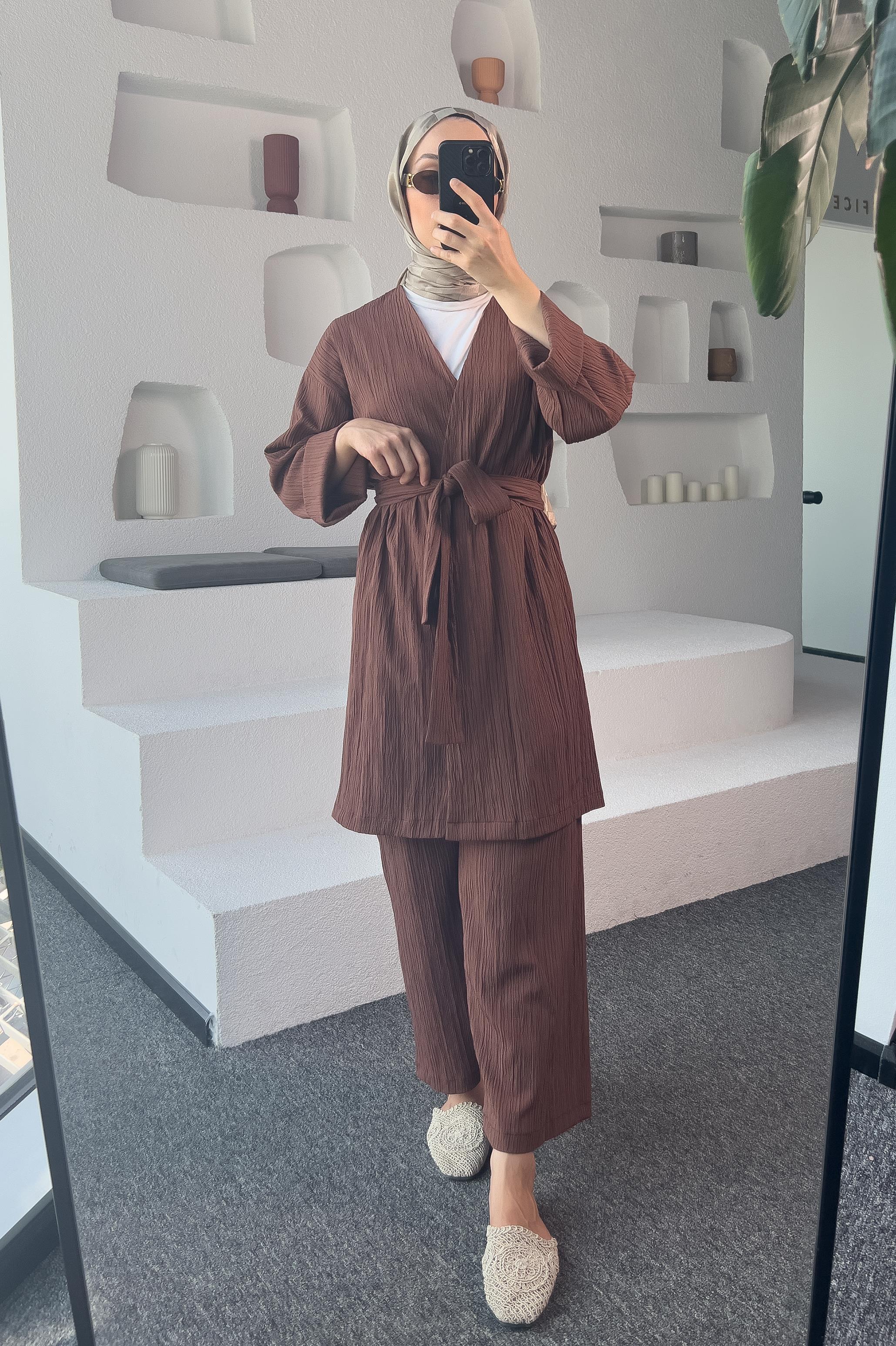 Kahverengi Kimono Müslin Ceket