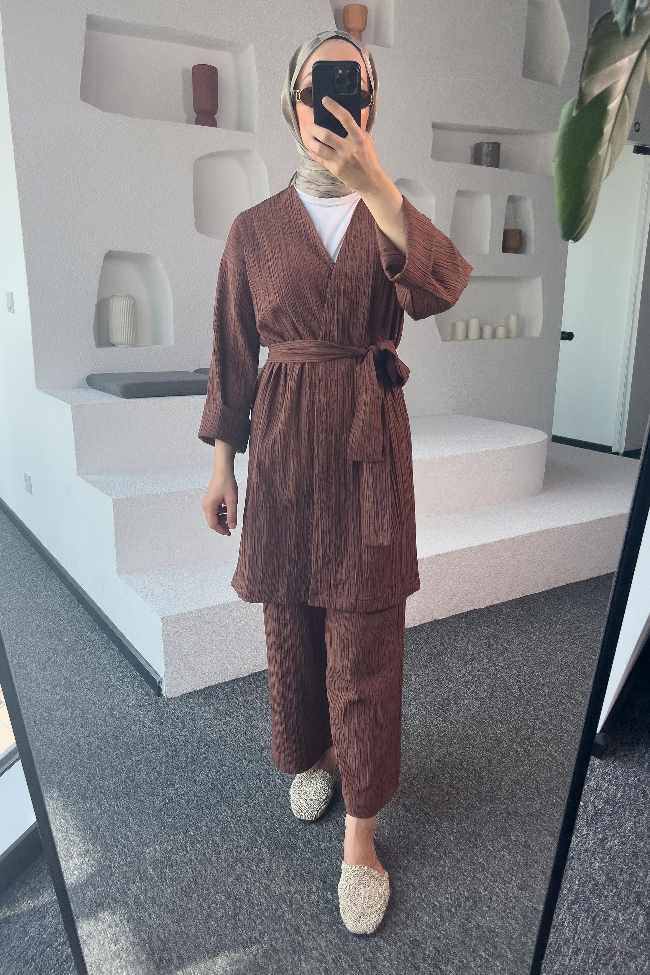 Kahverengi Kimono Müslin Ceket