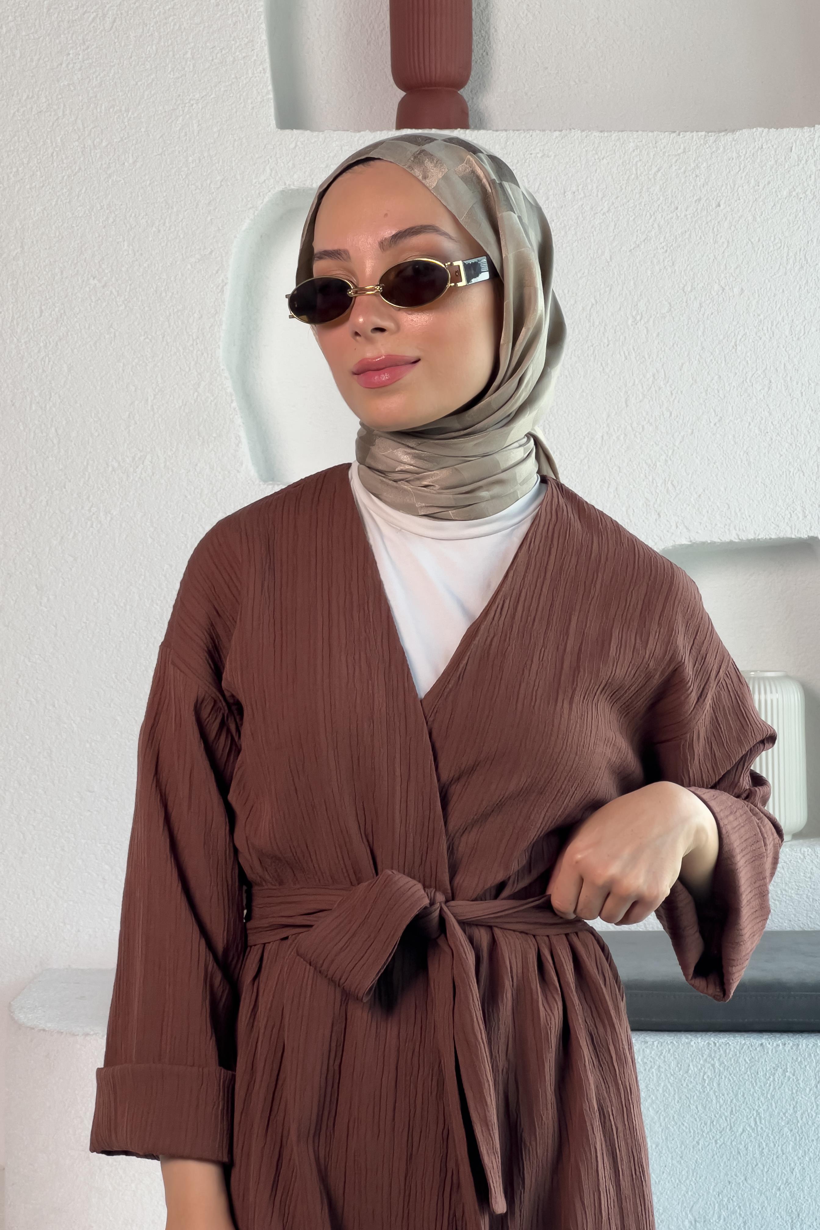 Kahverengi Kimono Müslin Ceket