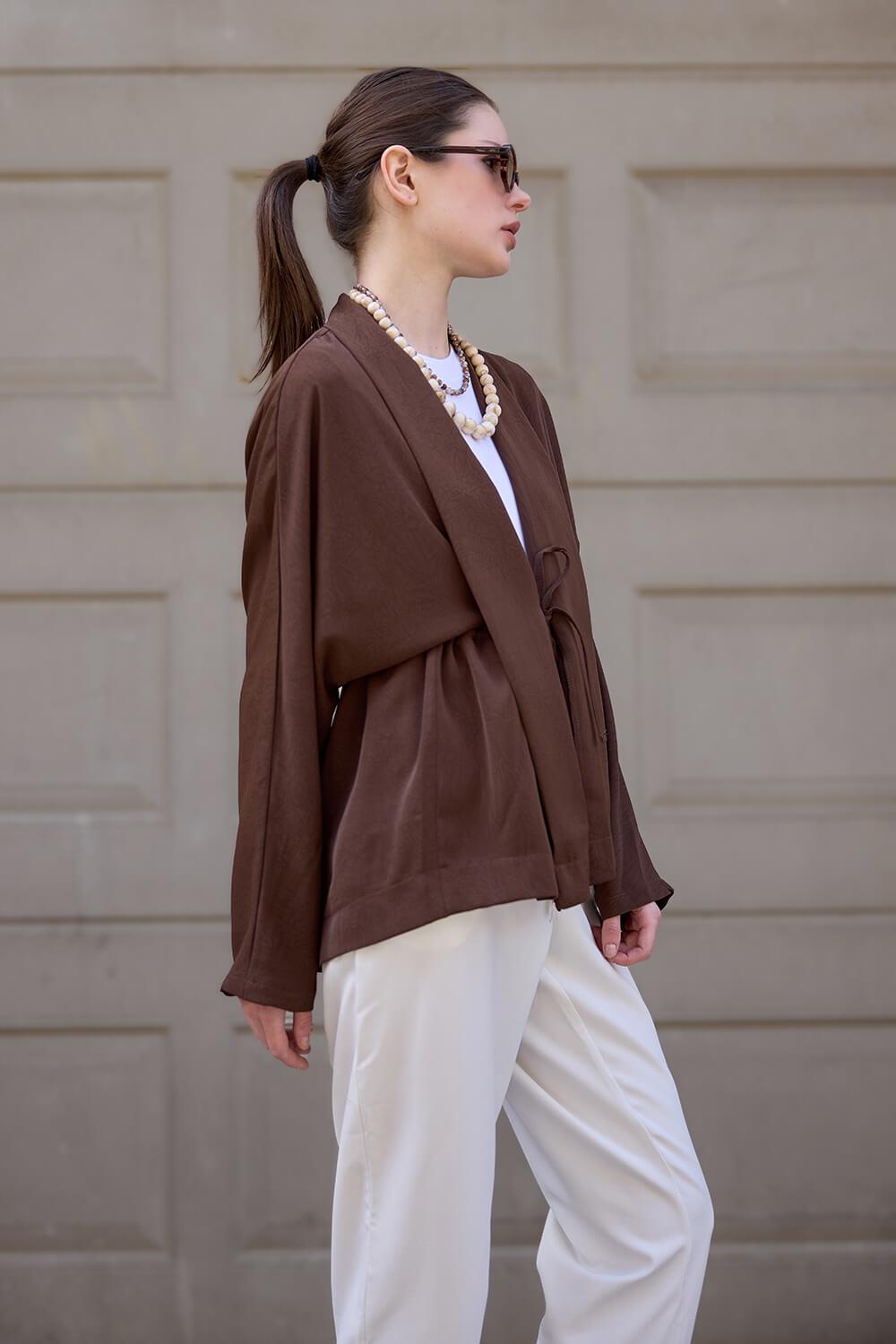 Kahverengi Kraşlı Kimono