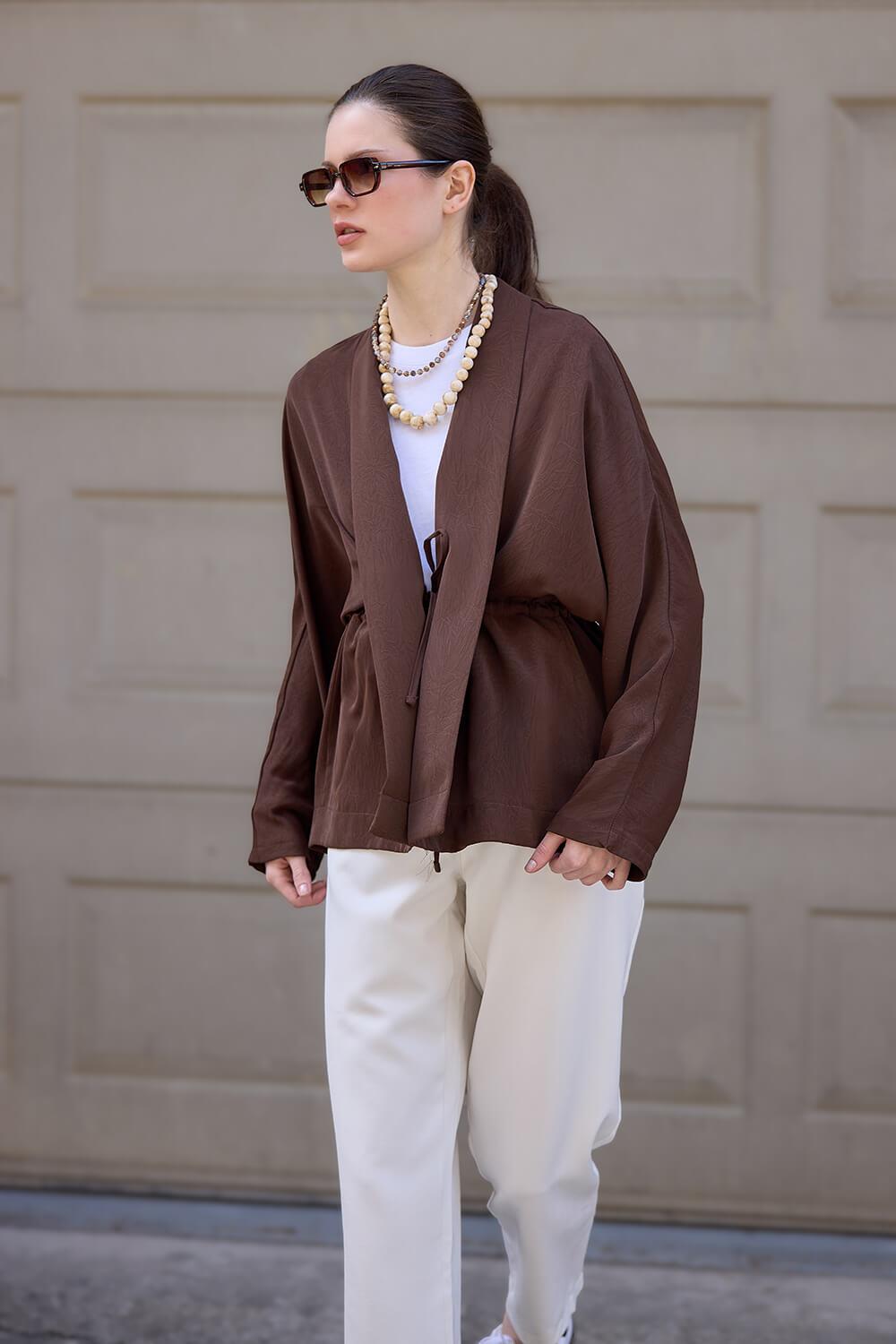 Kahverengi Kraşlı Kimono