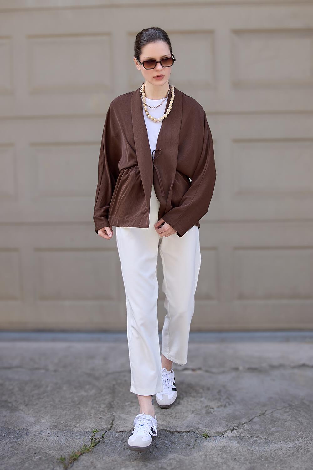 Kahverengi Kraşlı Kimono