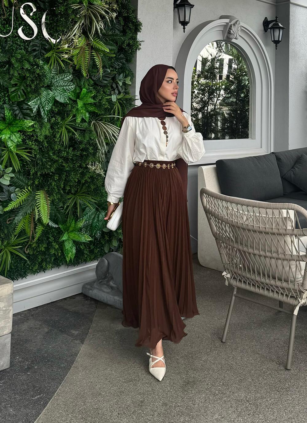Kahverengi Misinalı Şifon Etek