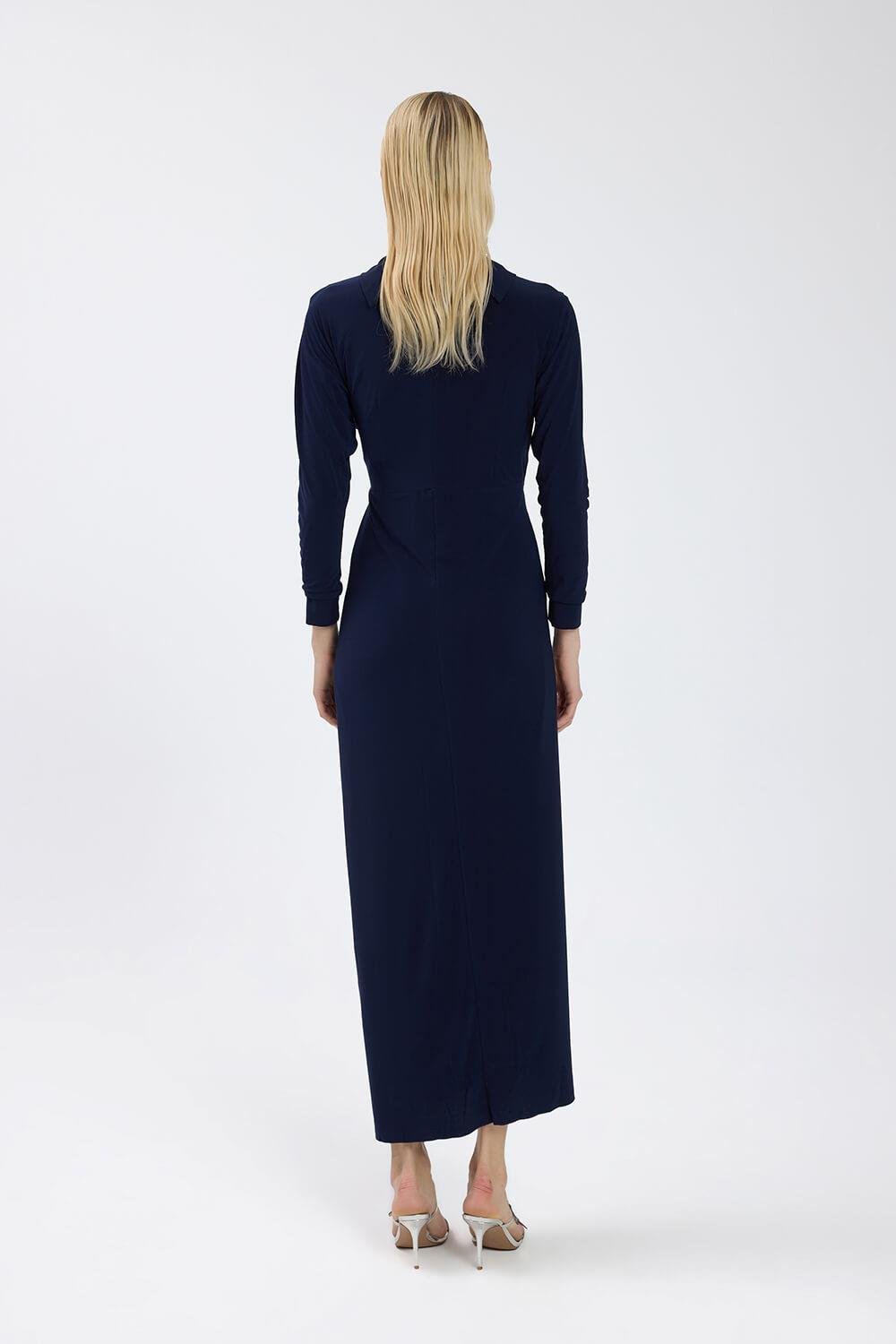 Lacivert Drape Detaylı Elbise