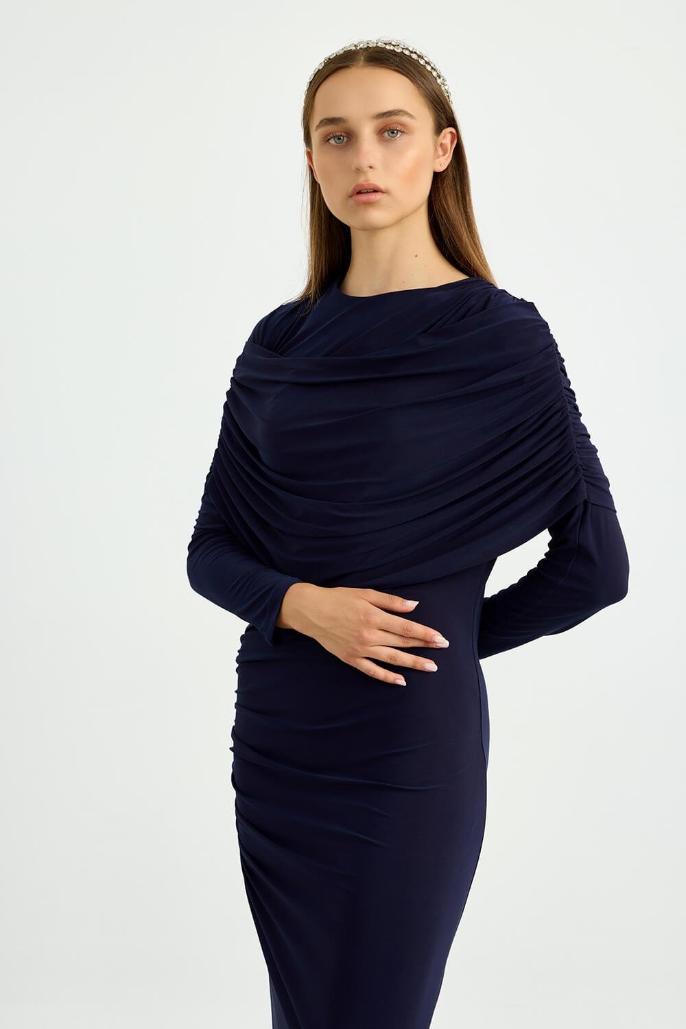 Lacivert Omuz Detaylı Drape Elbise