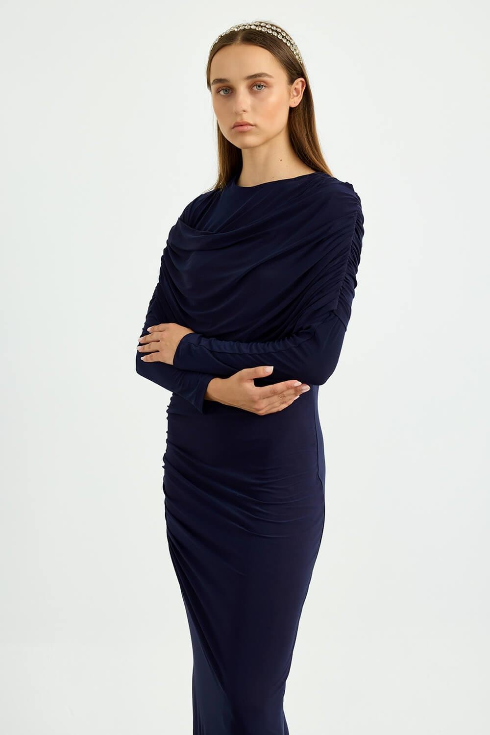 Lacivert Omuz Detaylı Drape Elbise