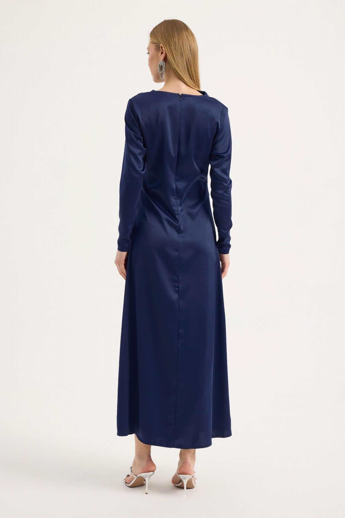 Lacivert Saten Drape Elbise