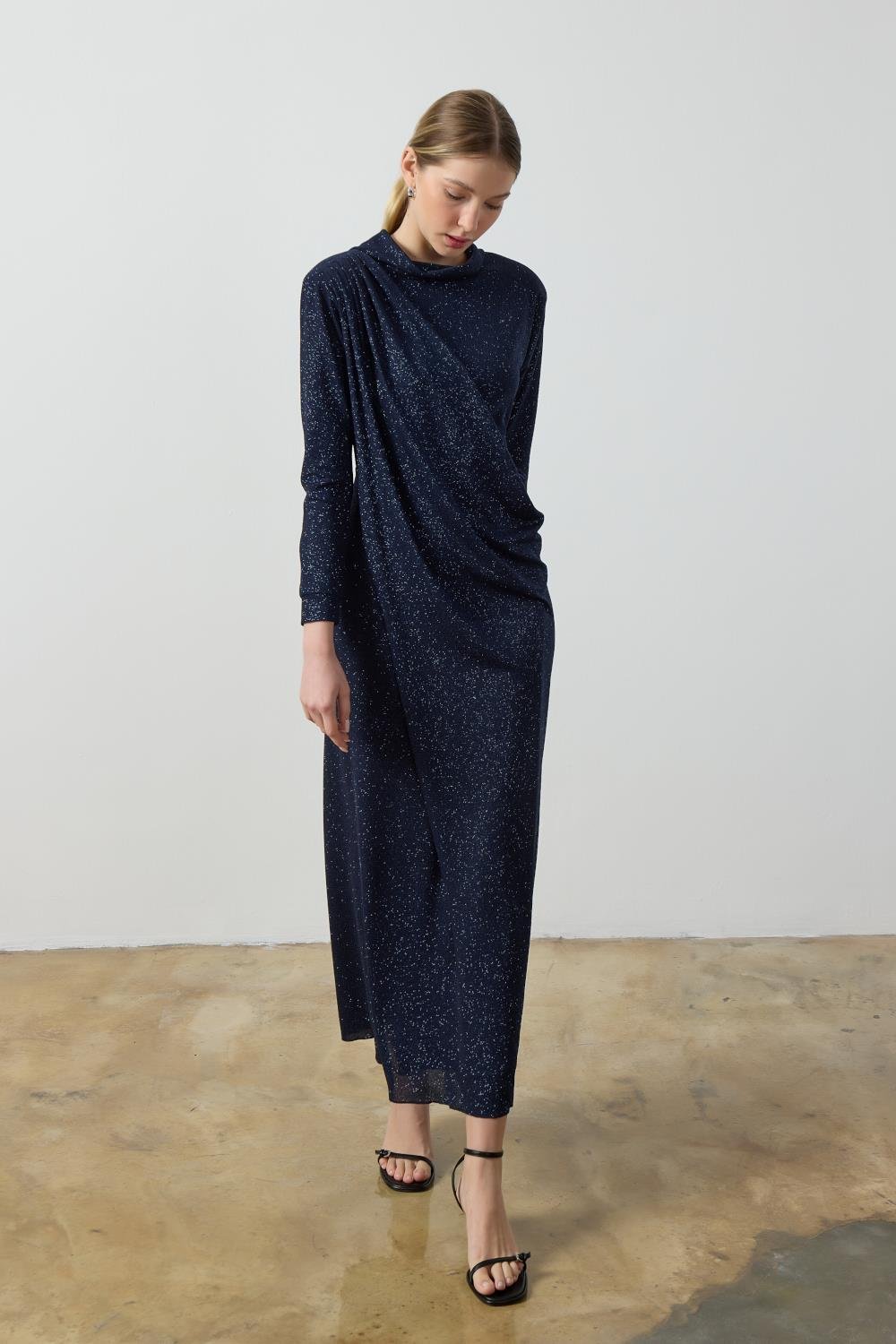Lacivert Simli Drape Elbise