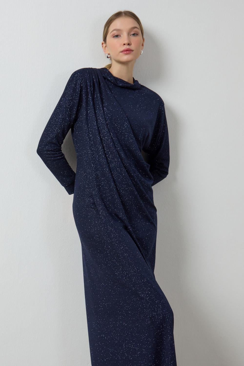 Lacivert Simli Drape Elbise