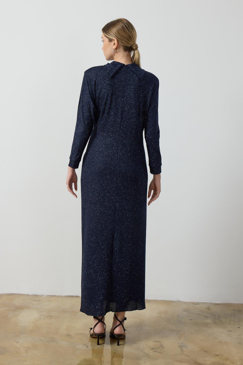 Lacivert Simli Drape Elbise