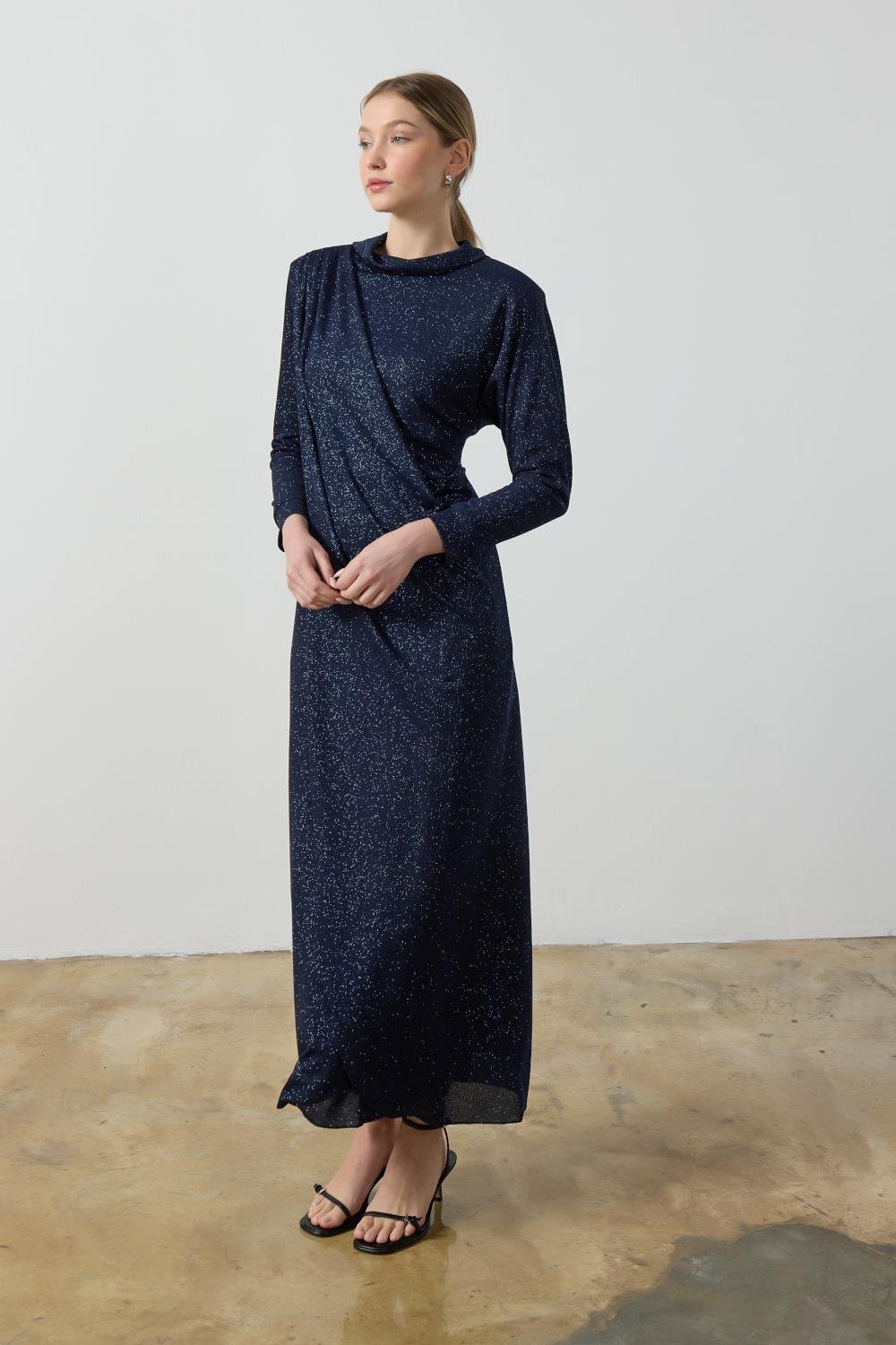 Lacivert Simli Drape Elbise