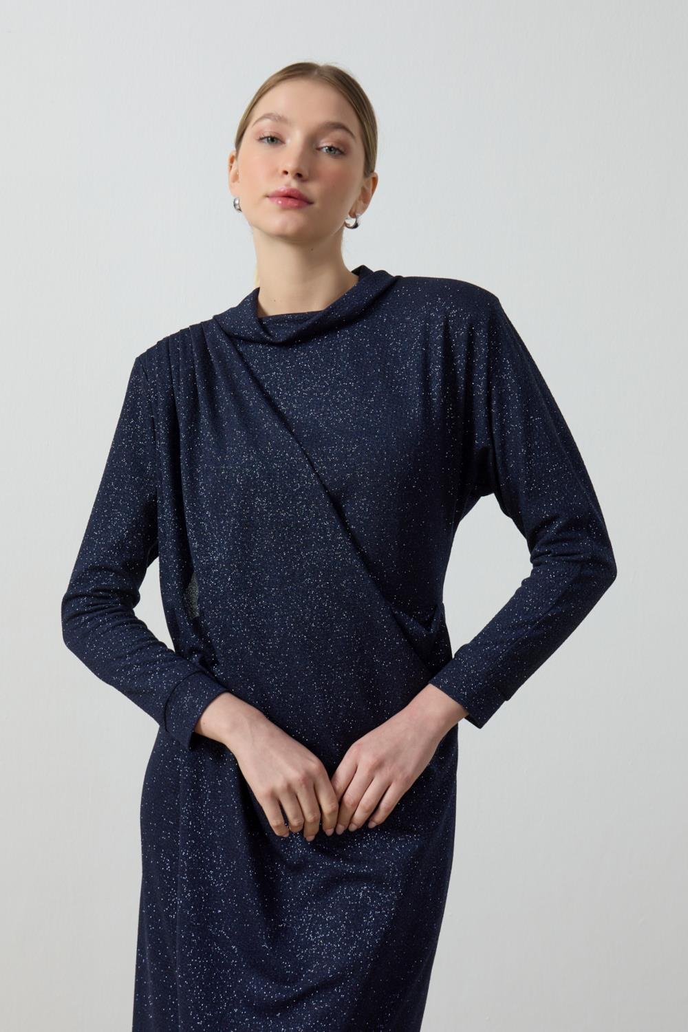 Lacivert Simli Drape Elbise