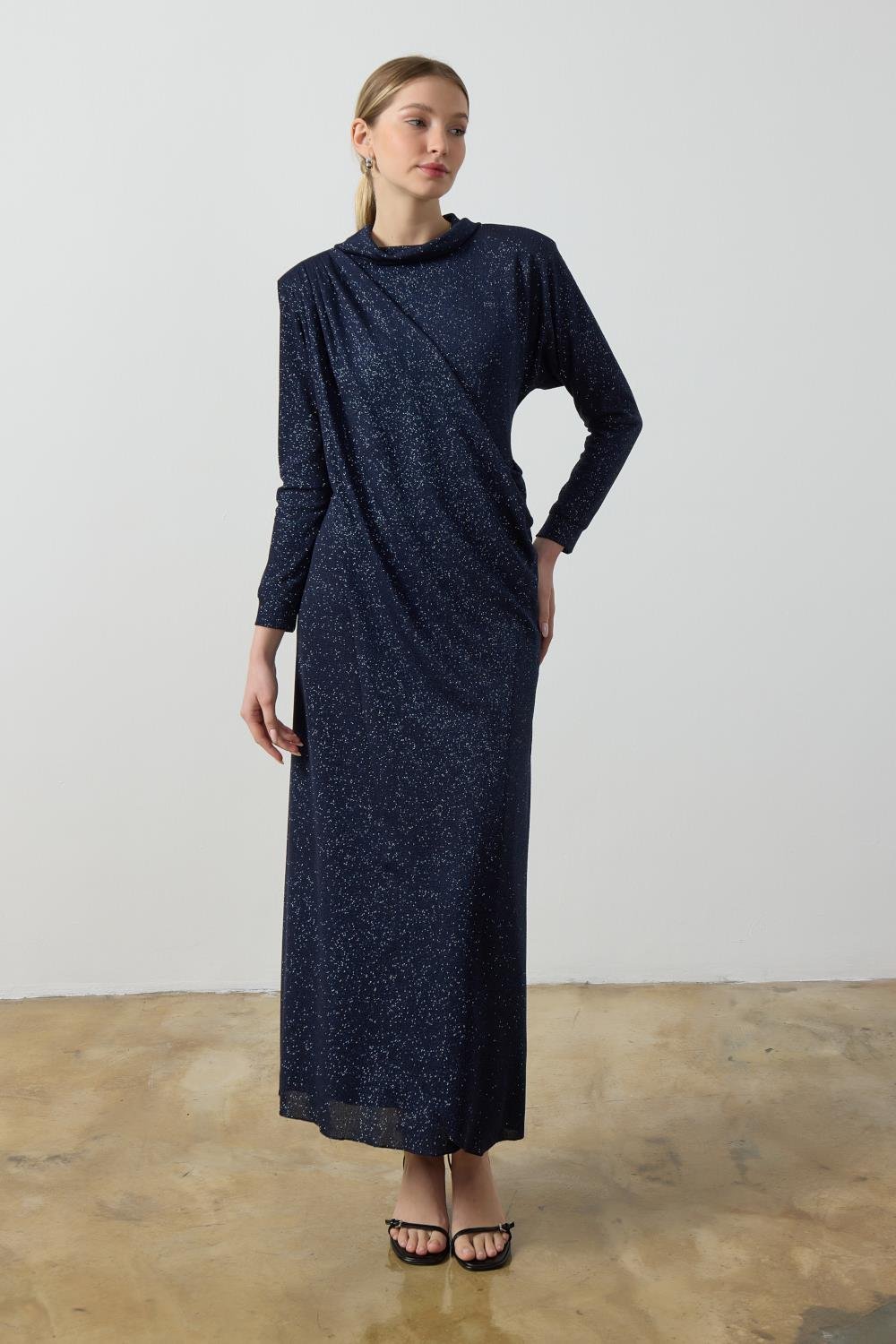 Lacivert Simli Drape Elbise