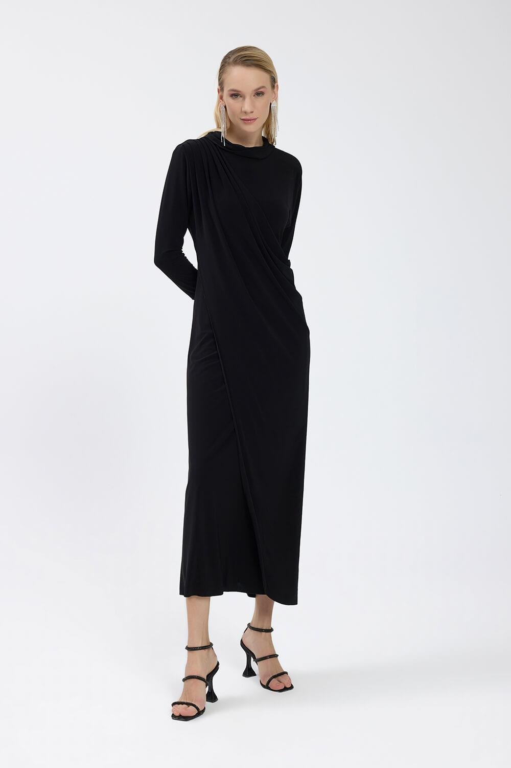 Siyah Drape Detaylı Elbise