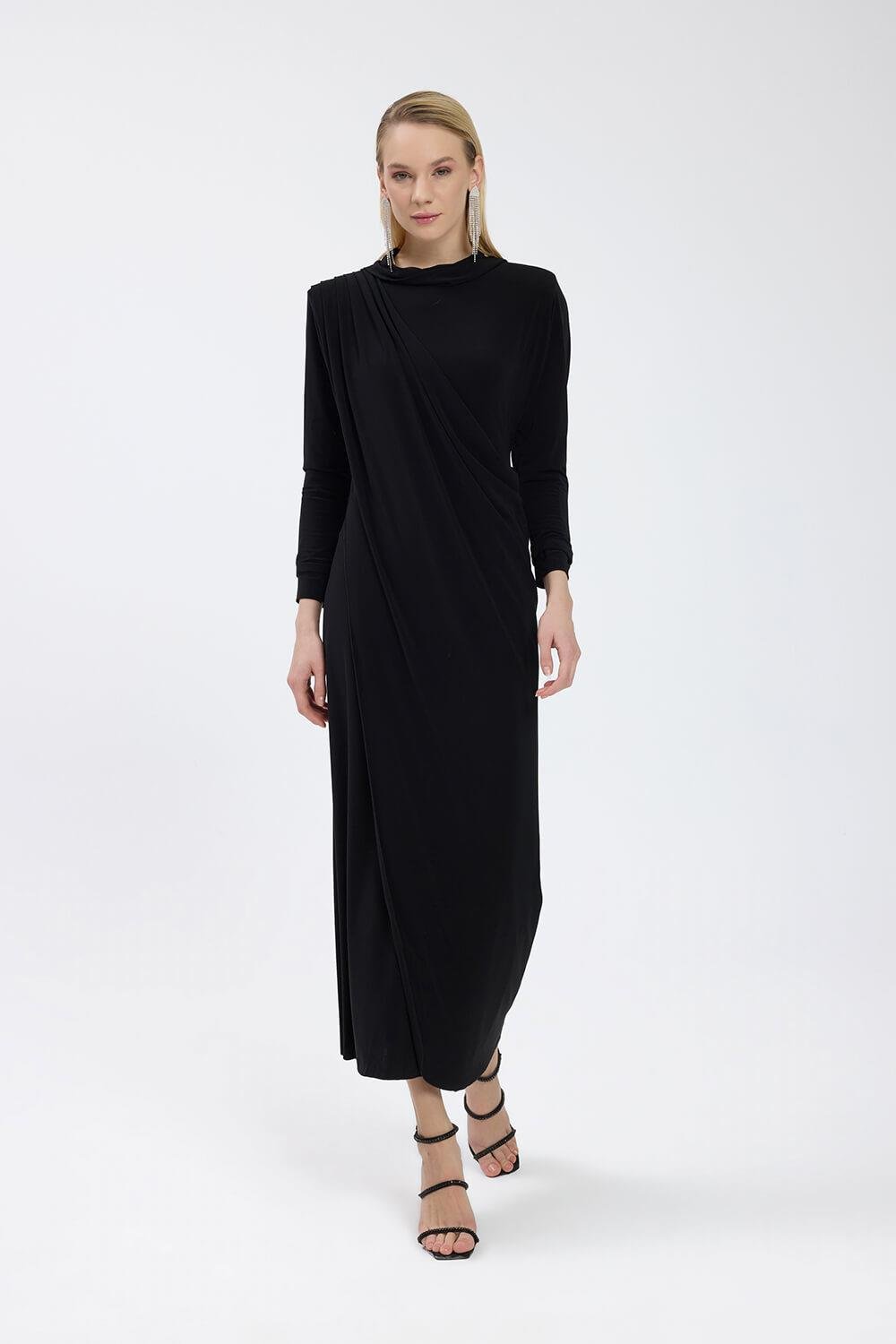 Siyah Drape Detaylı Elbise