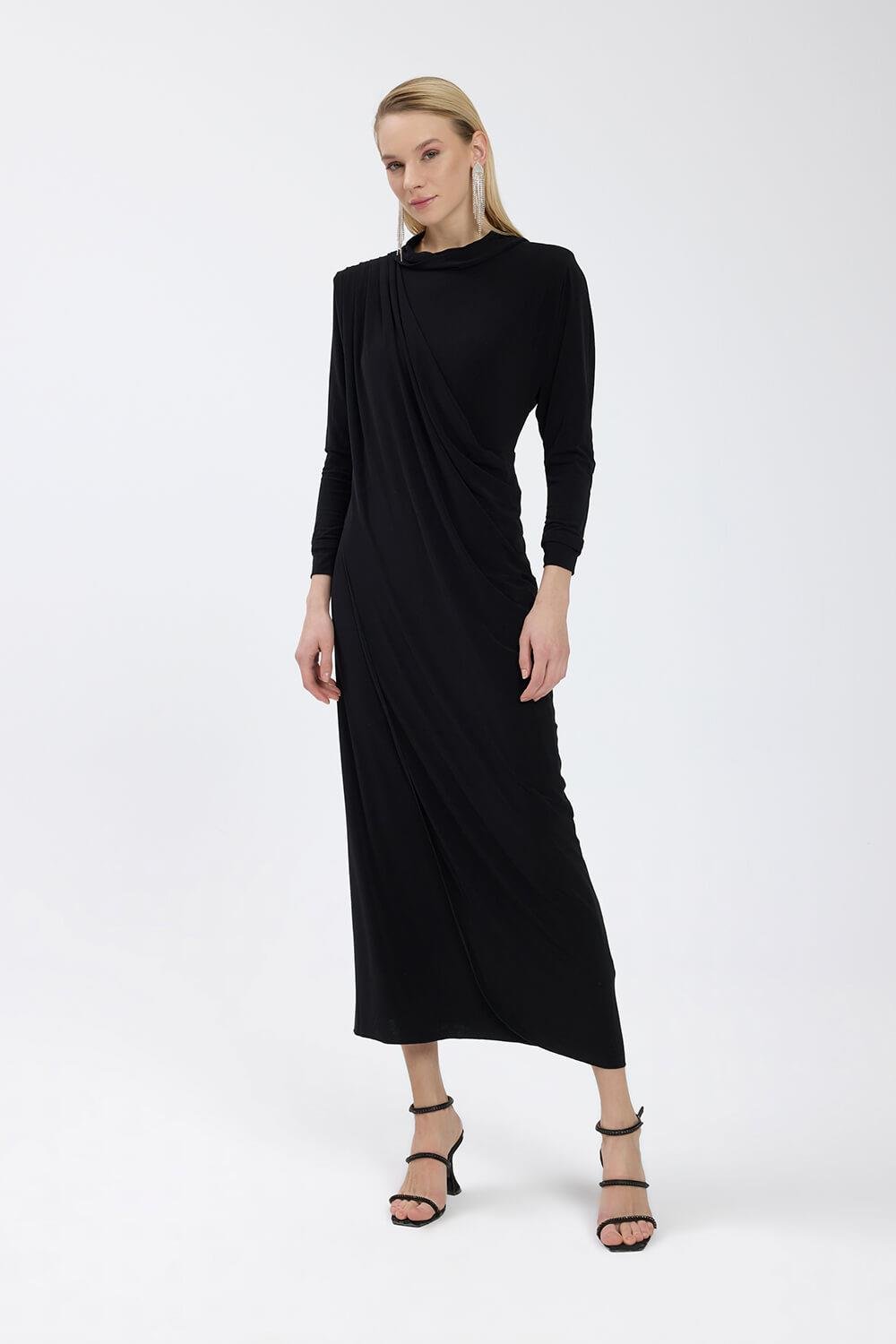 Siyah Drape Detaylı Elbise
