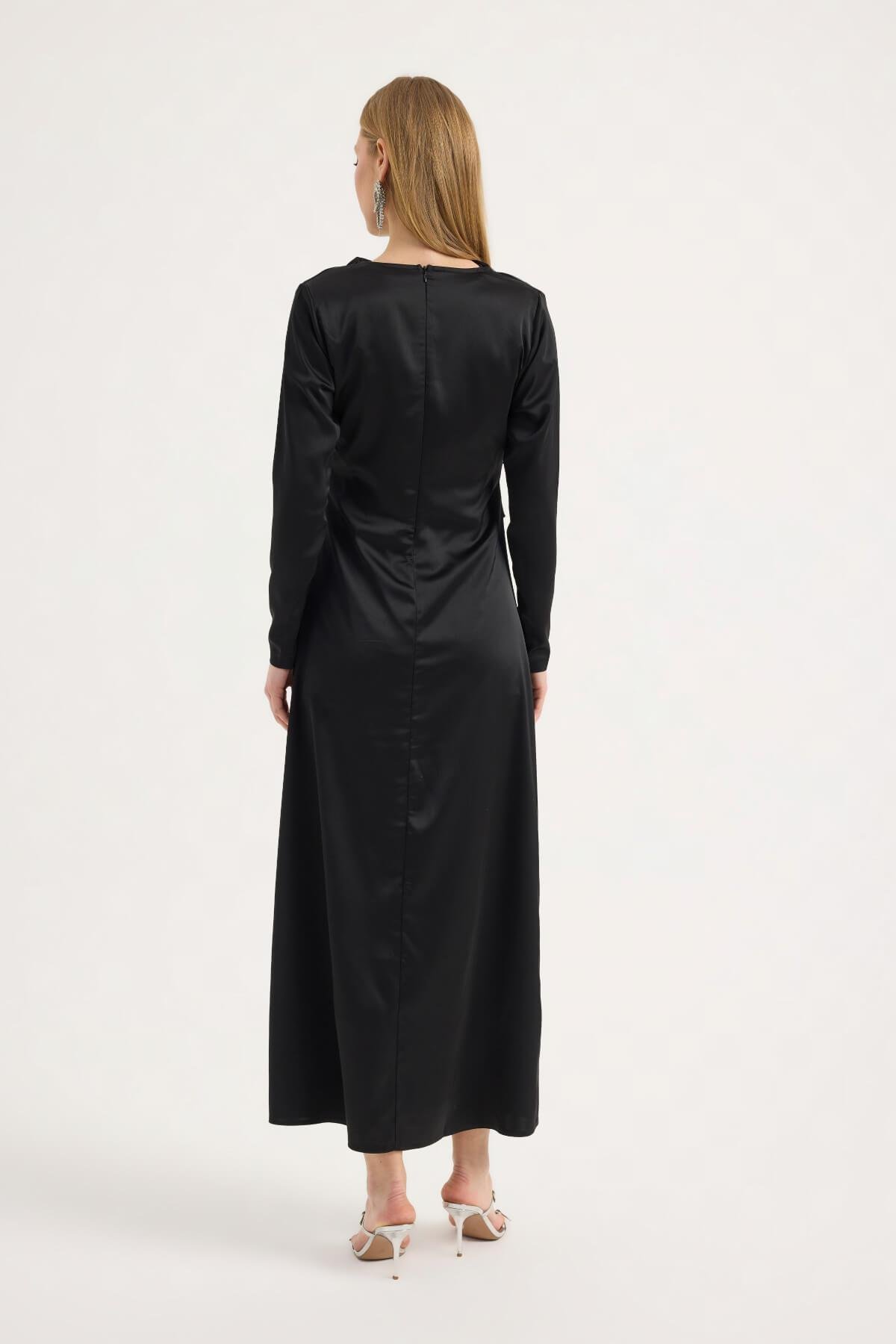 Siyah Saten Drape Elbise
