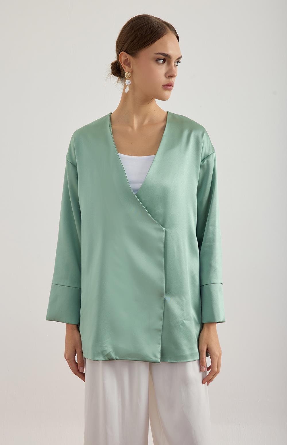 Su Yeşili Saten Kimono Ceket