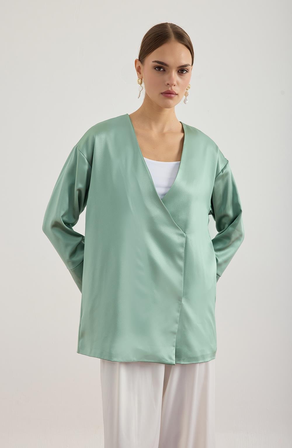 Su Yeşili Saten Kimono Ceket