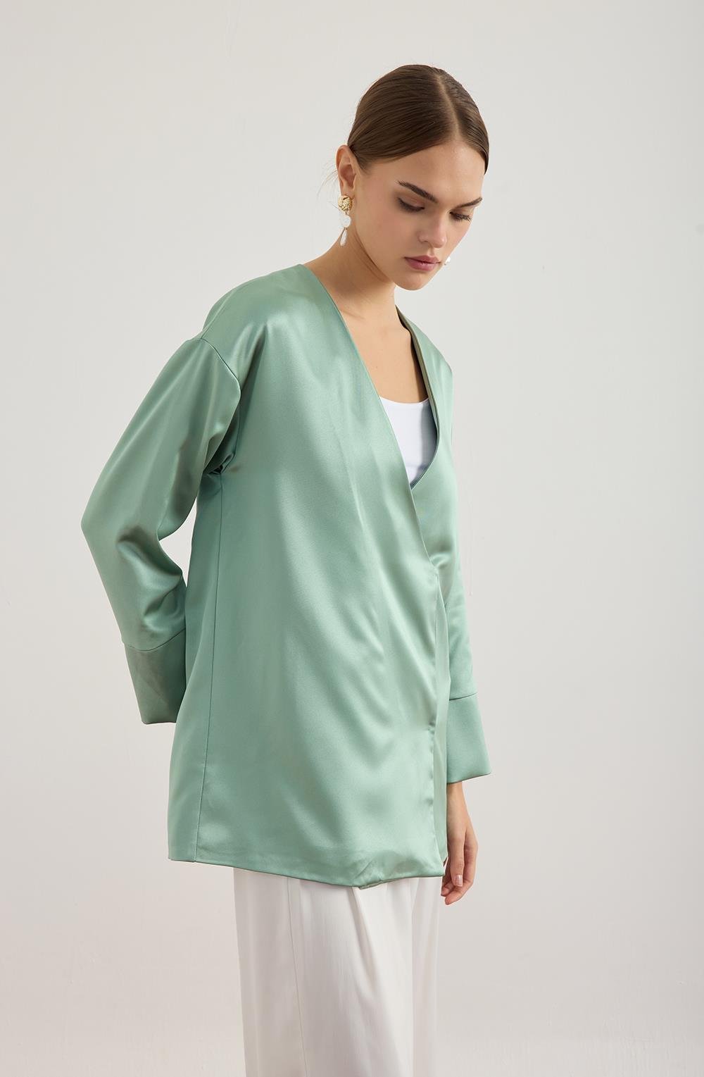 Su Yeşili Saten Kimono Ceket