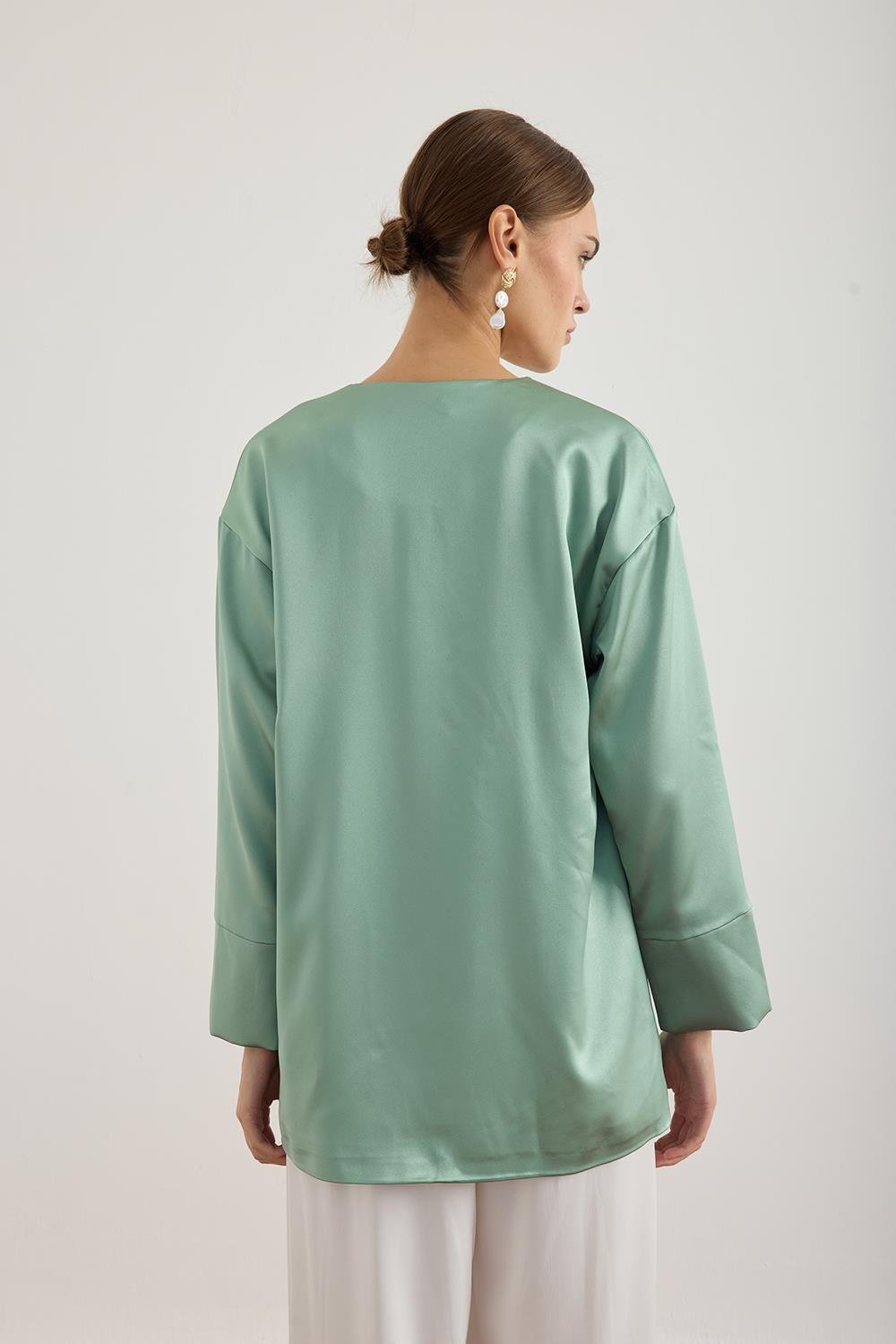 Su Yeşili Saten Kimono Ceket