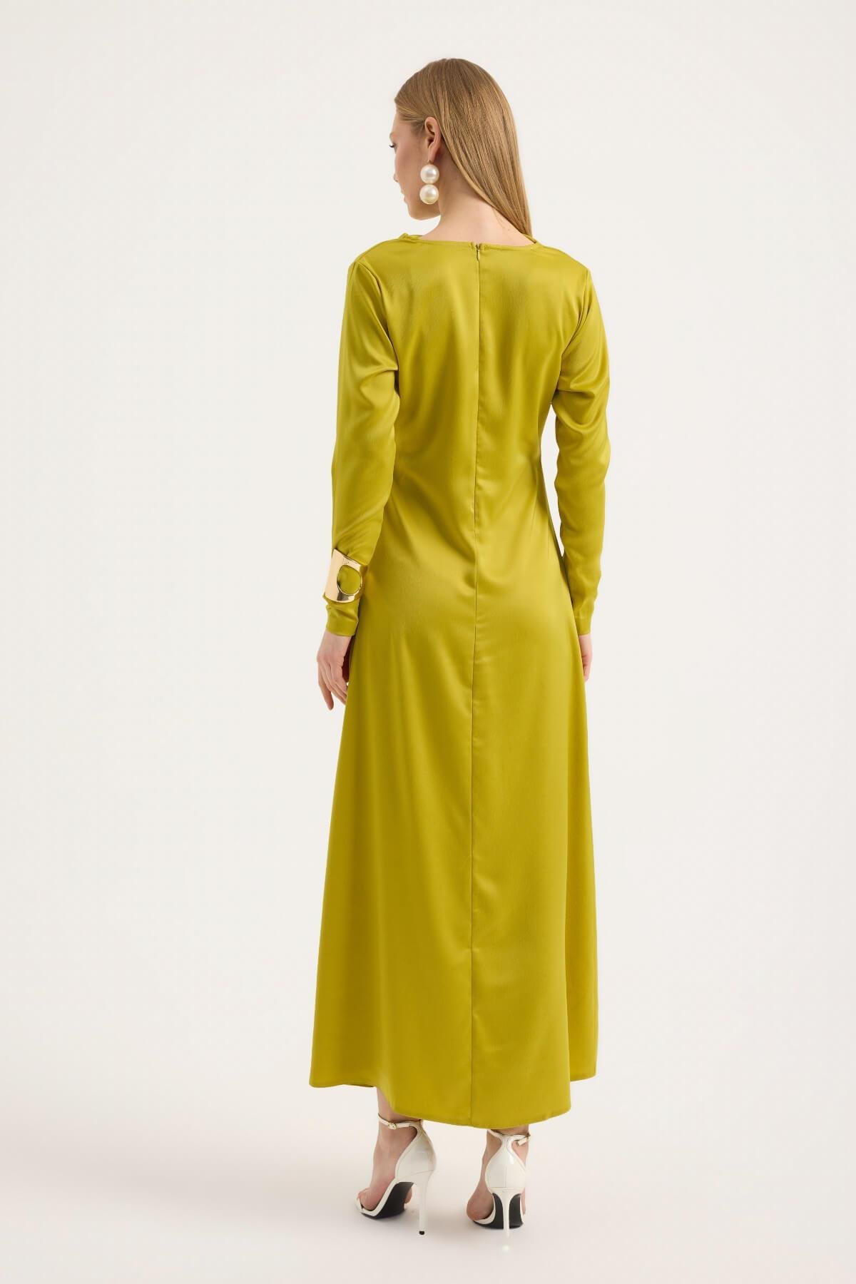 Yağ Yeşili Saten Drape Elbise