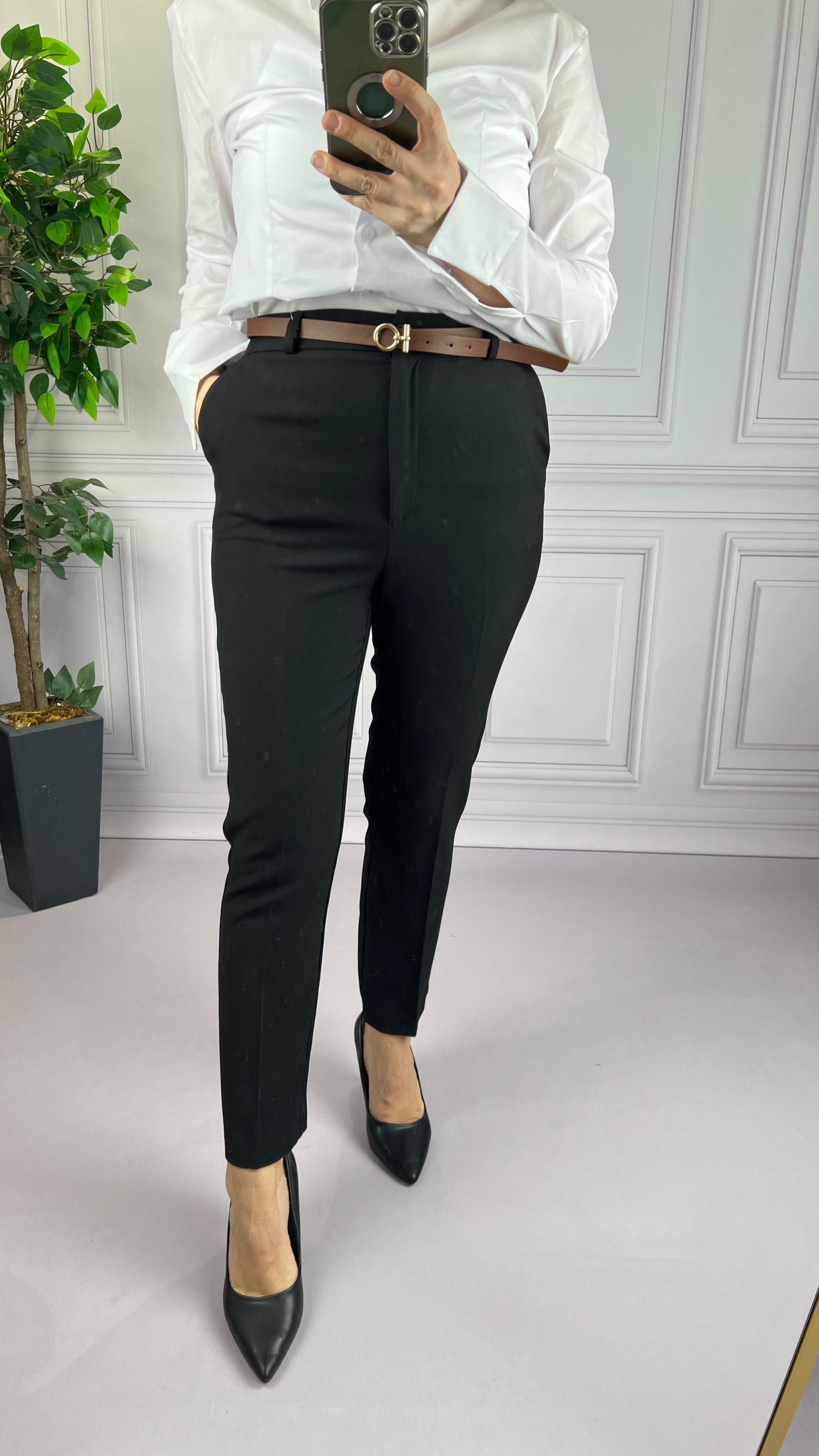 KEMERLİ KUMAŞ PANTOLON SİYAH