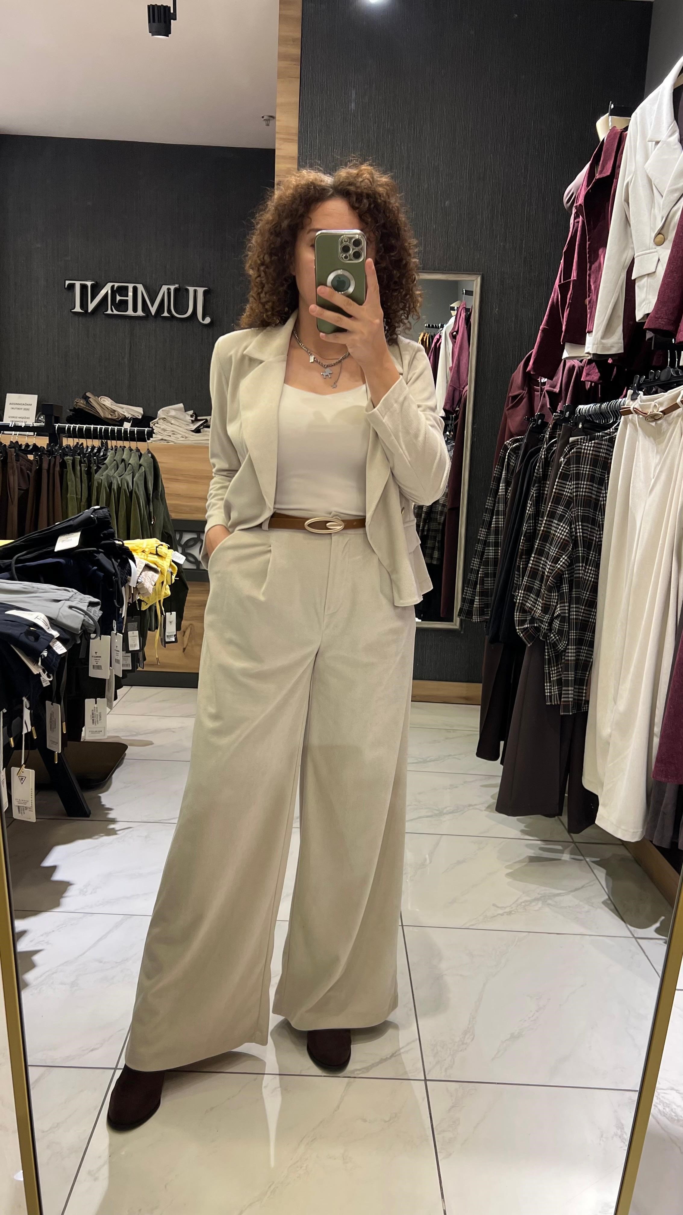 KEMERLİ PALAZZO KADİFE PANTOLON KREM