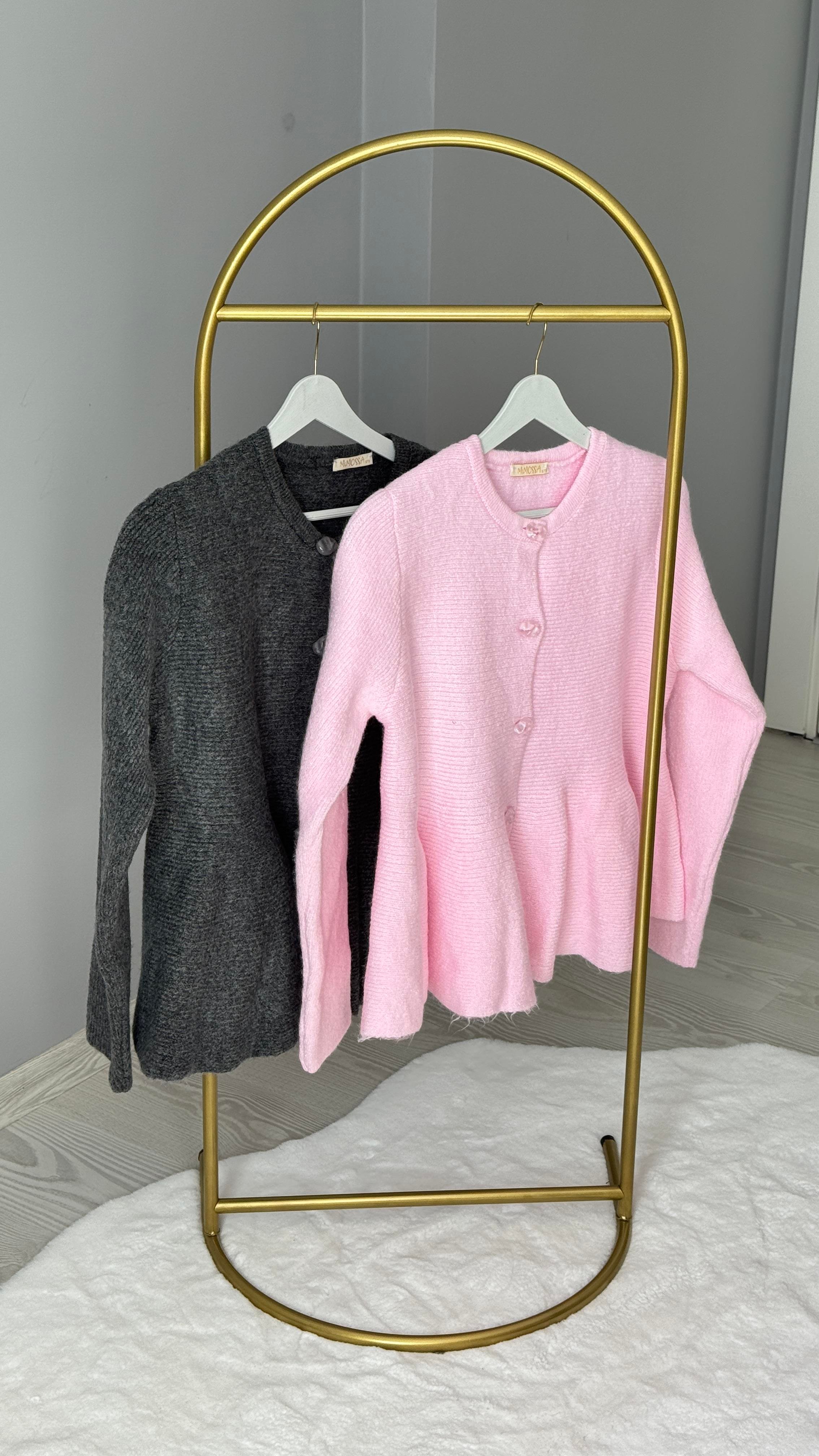 Taş Düğme Volanlı Pembe Hırka
