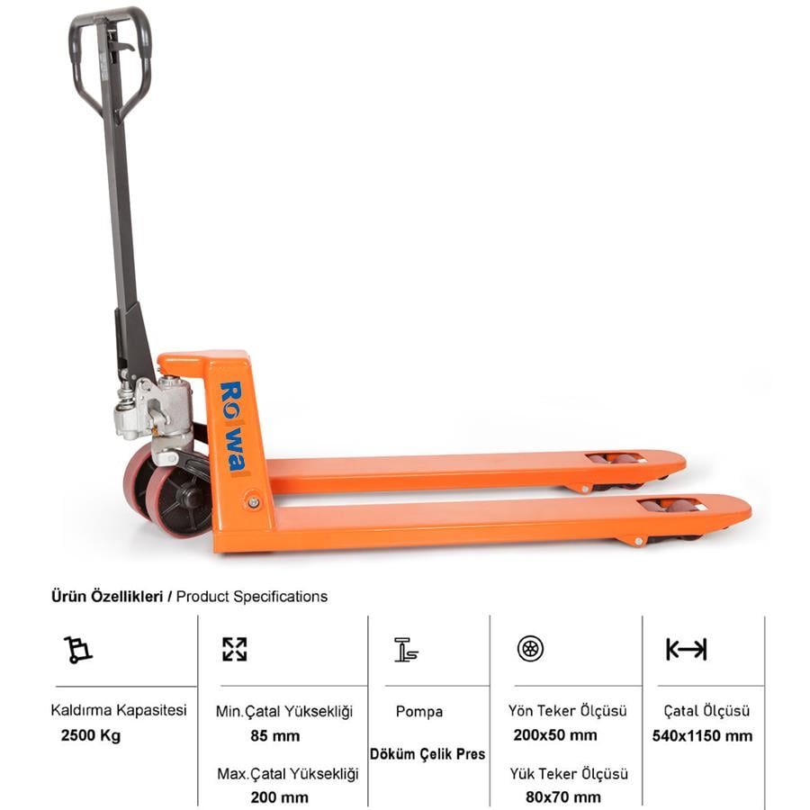 Rolwal 2.5 Ton Döküm Pompa Poliüretan Tekerlek Transpalet FP-TR-SYPIIK-2500-B-PU