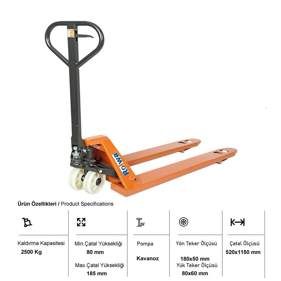 Rolwal 2.5 Ton Manuel Transpalet Poliamid Tekerlek BJ-TR-25-52X115-NY