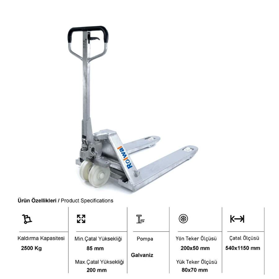 Rolwal 2.5 Ton Galvaniz Paslanmaz Transpalet FP-TR-25-G