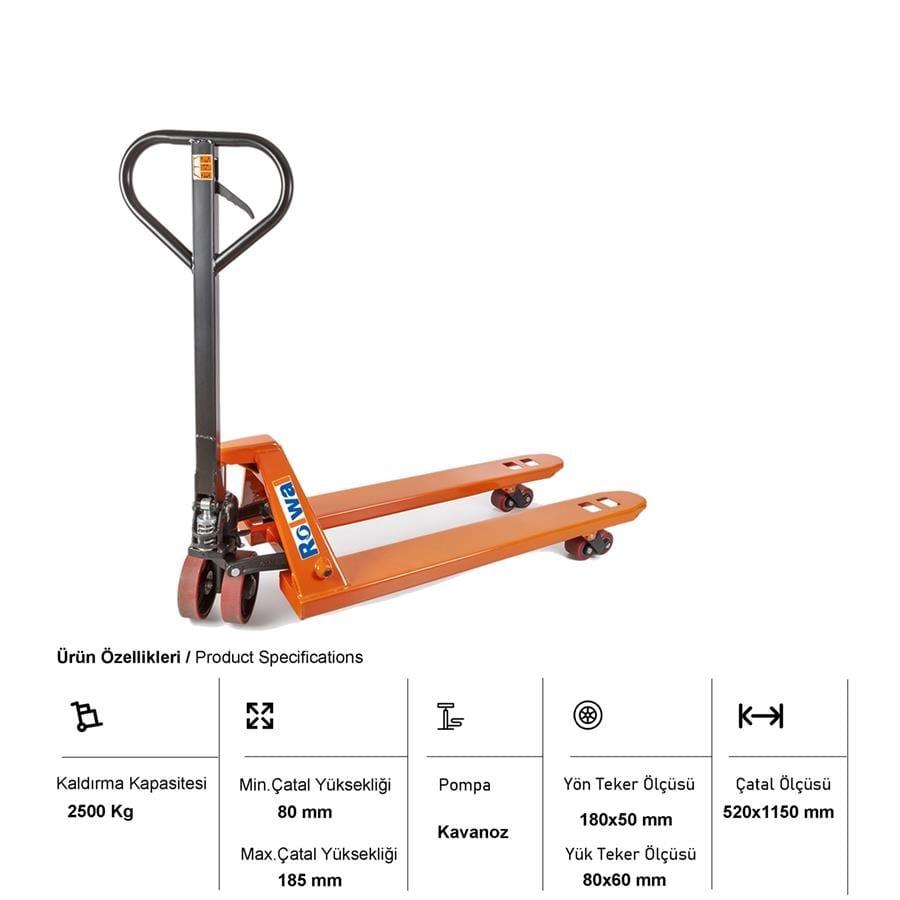 Rolwal 2.5 Ton Manuel Transpalet Poliüretan Tekerlek BJ-TR-25-52X115-PU