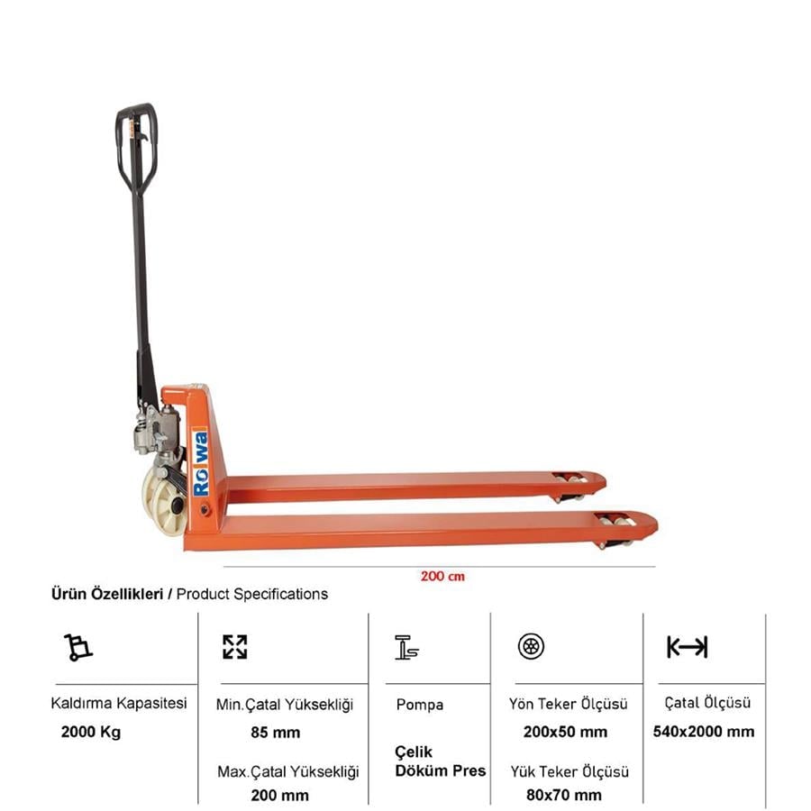 Rolwal 2 Ton 200 cm Döküm Pompa Manuel Transpalet FP-TR-SYPIIK-20-200