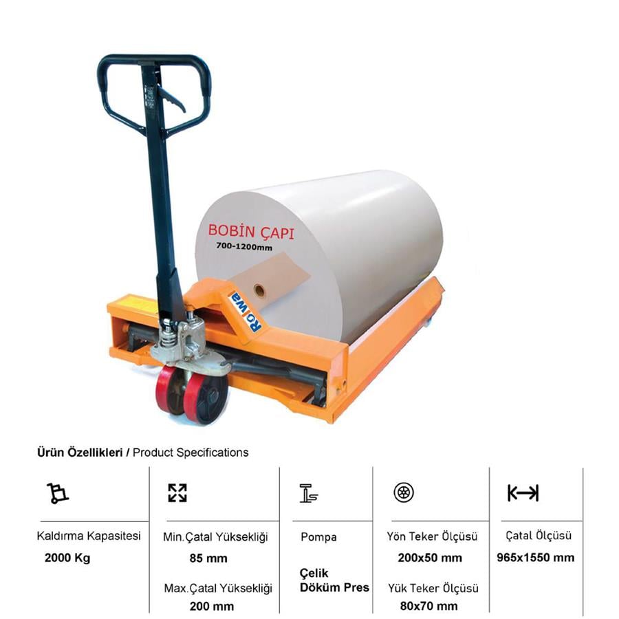 Rolwal 2 Ton Geniş Çatal Bobin Taşıma Transpaleti